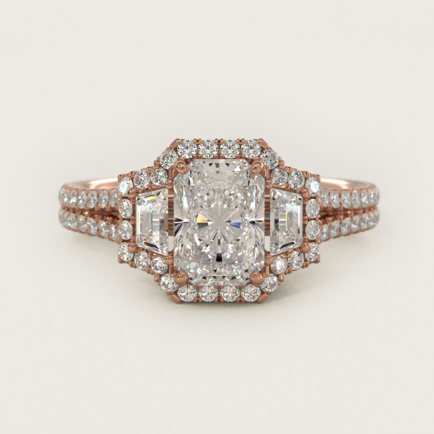 The Gallery Collection™ Emerald Three Stone Halo Diamond Engagement Ring in 18k Rose Gold (1.50 ct. tw.) - Radiant Center