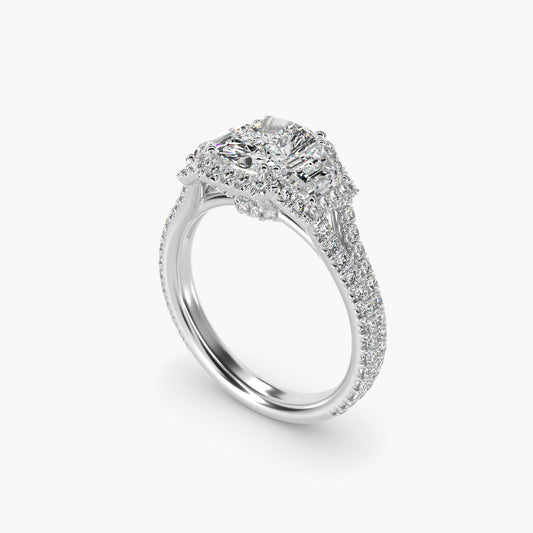 The Gallery Collection™ Vintage Three Stone Trapezoid Diamond Engagement Ring 14k White Gold - Radiant Center
