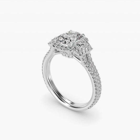 The Gallery Collection™ Emerald Three Stone Halo Diamond Engagement Ring in 18k White Gold (1.50 ct. tw.) - Radiant Center