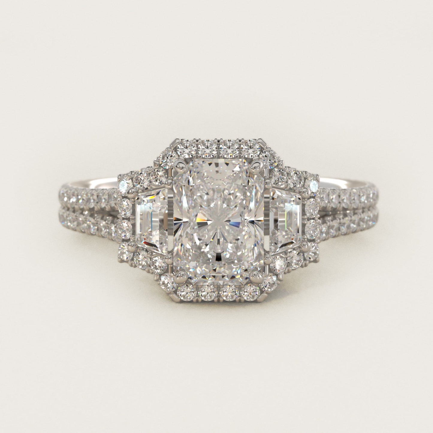 The Gallery Collection™ Emerald Three Stone Halo Diamond Engagement Ring in 18k White Gold (1.50 ct. tw.) - Radiant Center