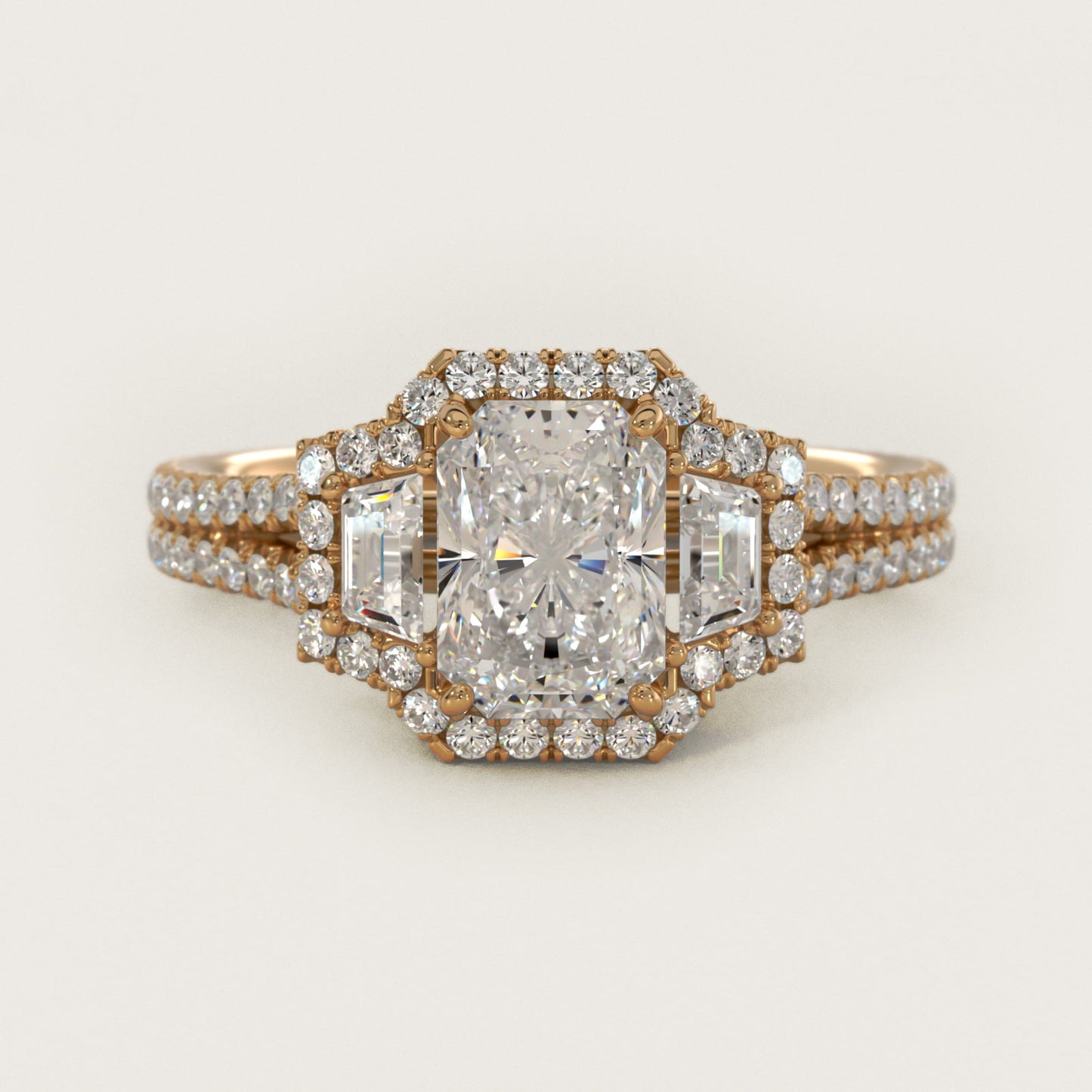 The Gallery Collection™ Emerald Three Stone Halo Diamond Engagement Ring in 14K Yellow Gold (1.50 ct. tw.) - Radiant Center