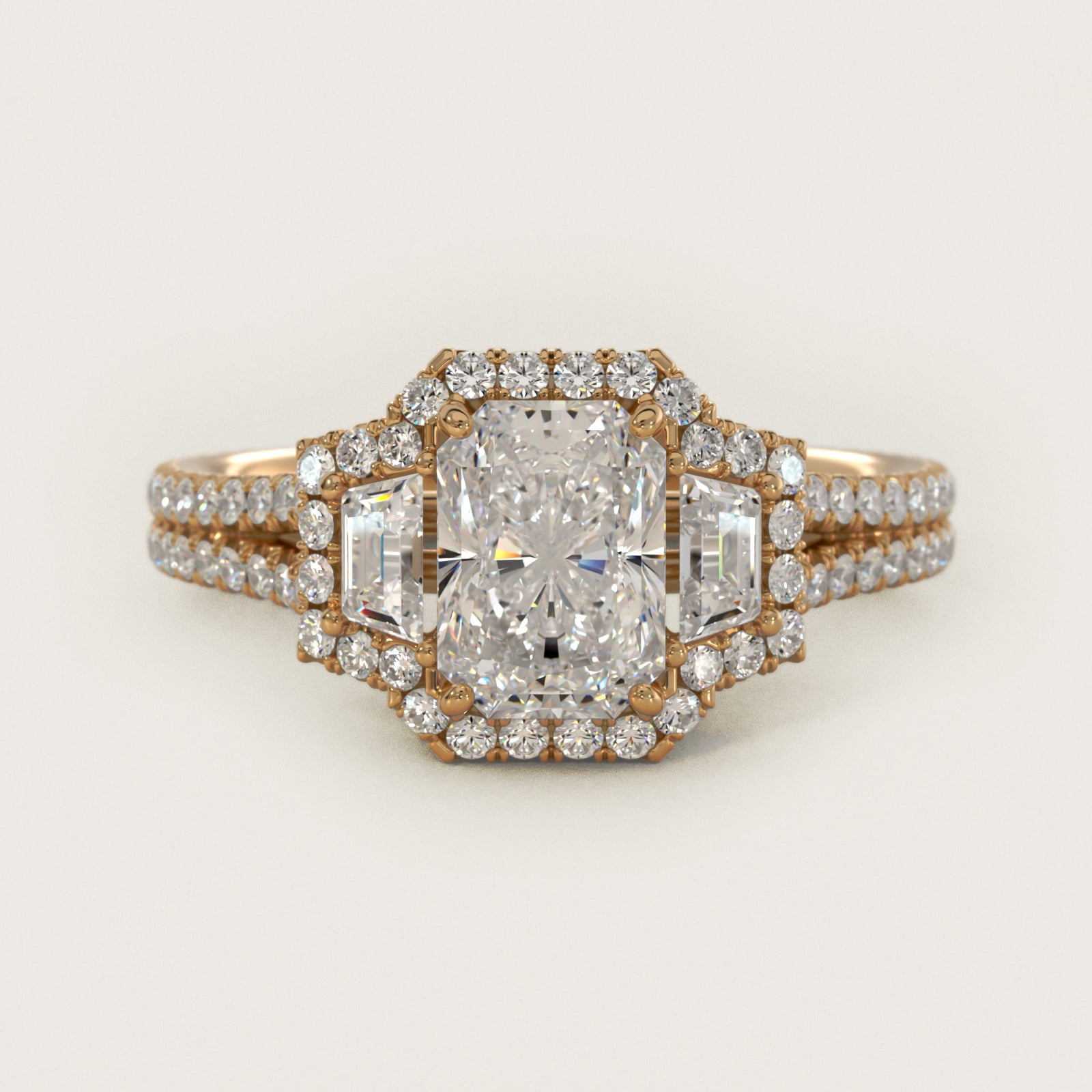 The Gallery Collection™ Emerald Three Stone Halo Diamond Engagement Ring in 18k Yellow Gold (1.50 ct. tw.) - Radiant Center