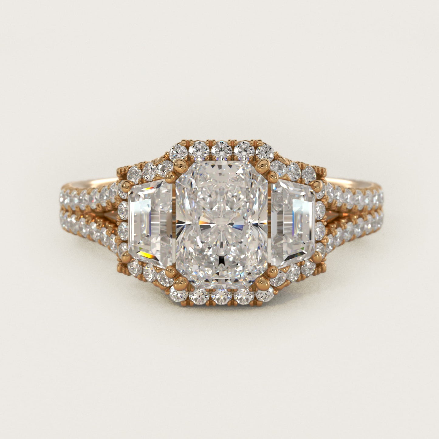 The Gallery Collection™ Vintage Three Stone Trapezoid Diamond Engagement Ring 14k Yellow Gold - Radiant Center