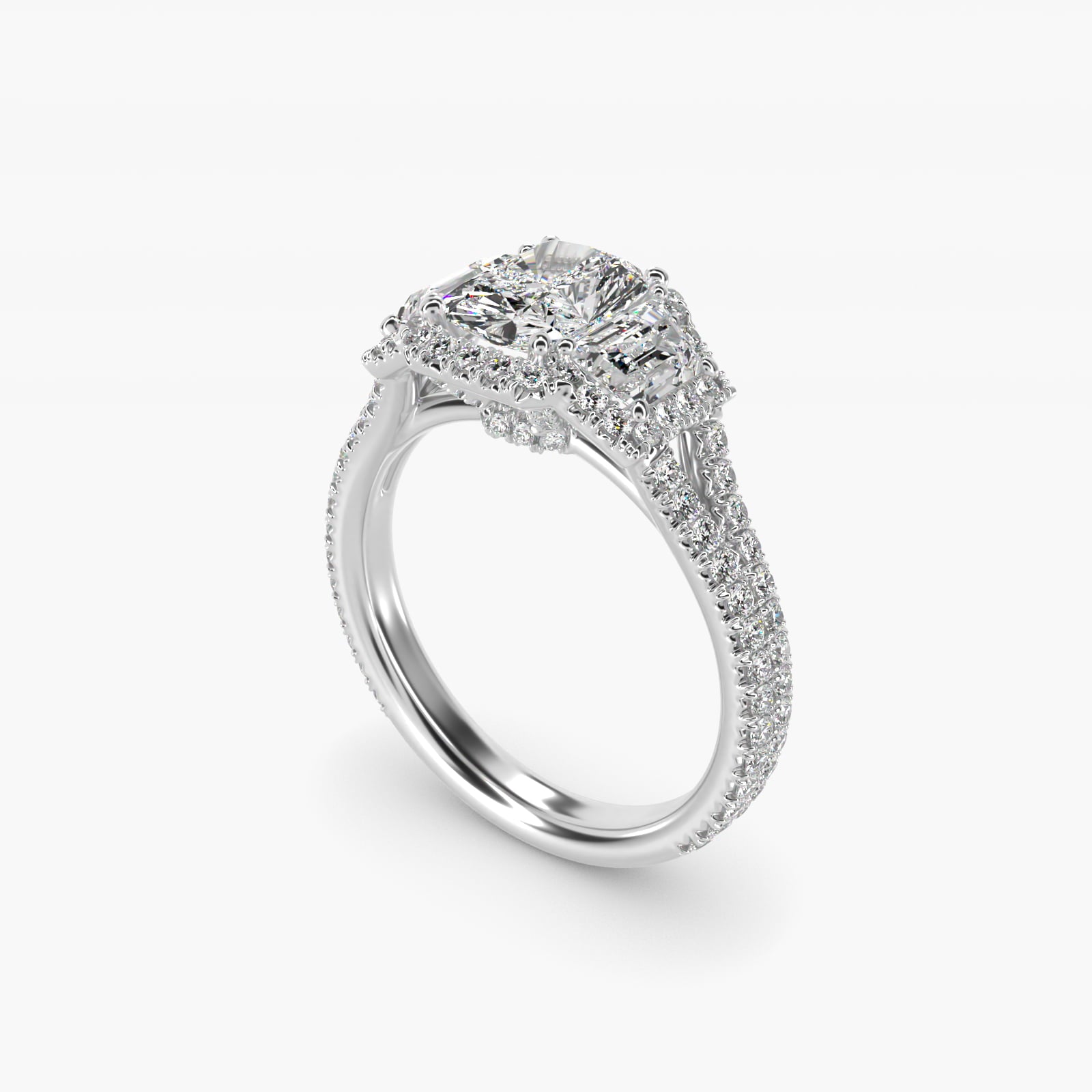 The Gallery Collection™ Vintage Three Stone Trapezoid Diamond Engagement Ring in Platinum - Radiant Center