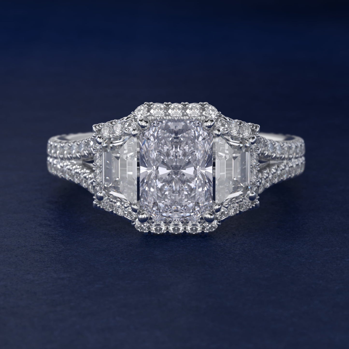The Gallery Collection™ Vintage Three Stone Trapezoid Diamond Engagement Ring in Platinum - Radiant Center