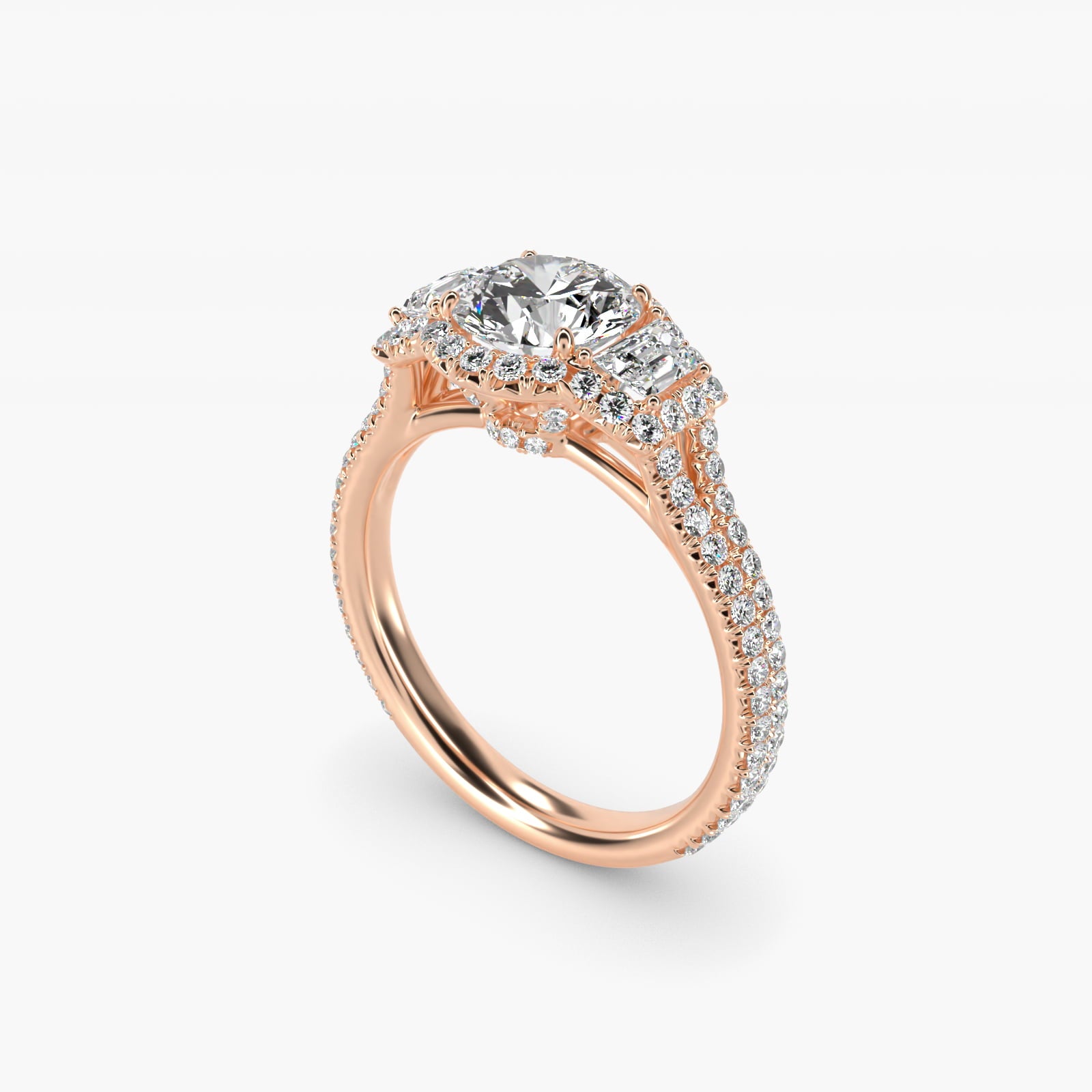 The Gallery Collection™ Emerald Three Stone Halo Diamond Engagement Ring in 14k Rose Gold (1.50 ct. tw.) - Round Center