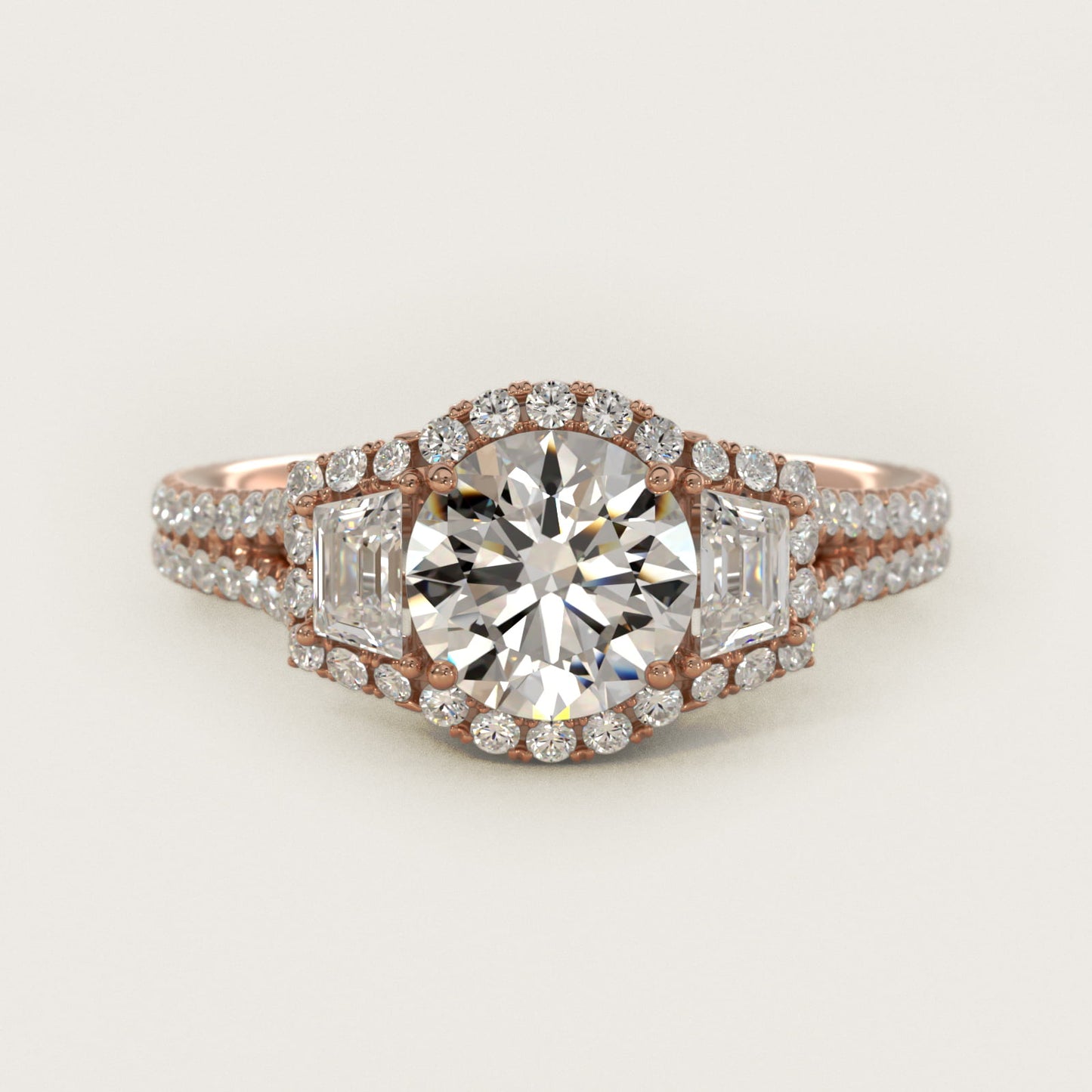 The Gallery Collection™ Emerald Three Stone Halo Diamond Engagement Ring in 18k Rose Gold (1.50 ct. tw.) - Round Center