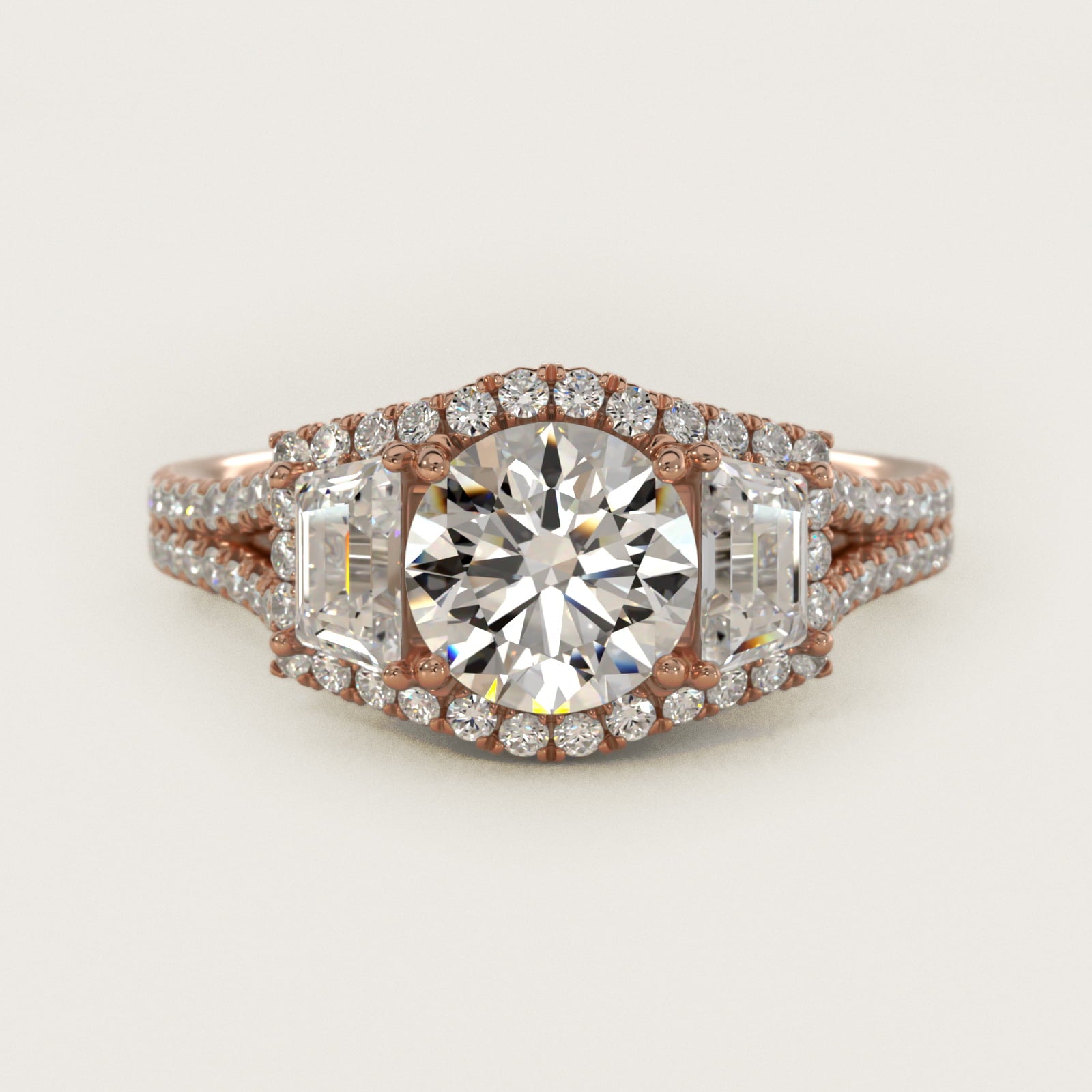 The Gallery Collection™ Vintage Three Stone Trapezoid Diamond Engagement Ring 18k Rose Gold - Round Center