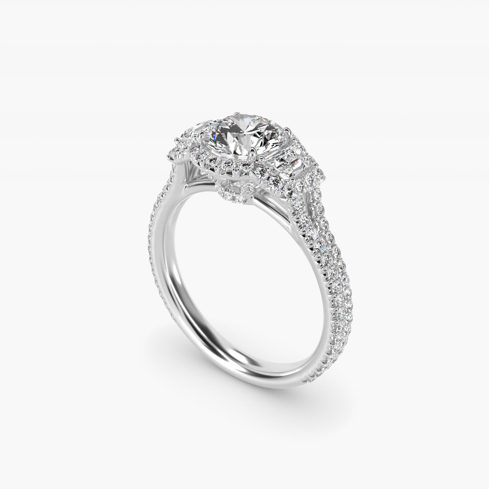 The Gallery Collection™ Emerald Three Stone Halo Diamond Engagement Ring in 14k White Gold (1.50 ct. tw.) - Round Center