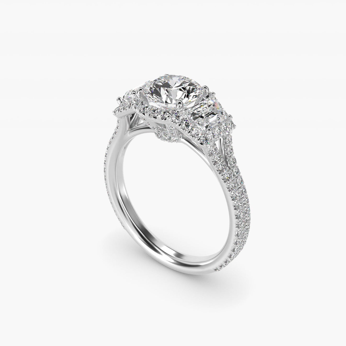 The Gallery Collection™ Vintage Three Stone Trapezoid Diamond Engagement Ring 18k White Gold - Round Center