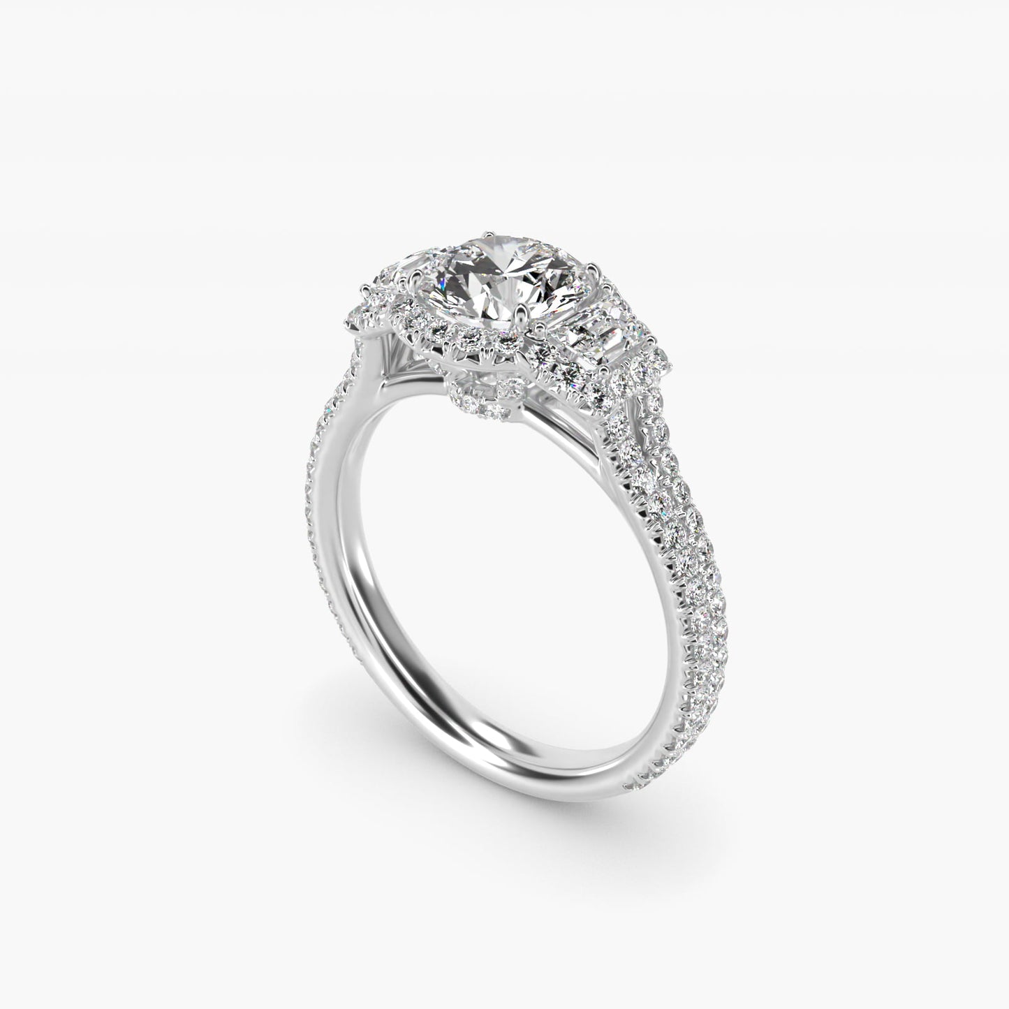 The Gallery Collection™ Emerald Three Stone Halo Diamond Engagement Ring in 18k White Gold (1.50 ct. tw.) - Round Center