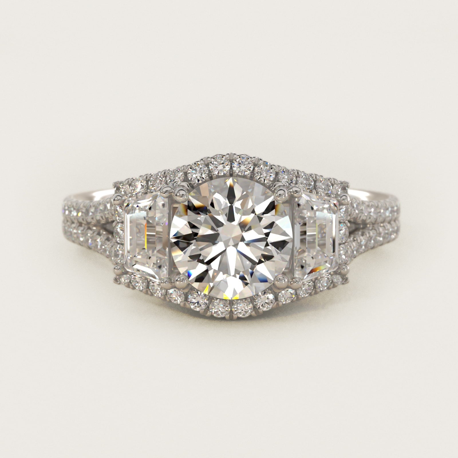 The Gallery Collection™ Vintage Three Stone Trapezoid Diamond Engagement Ring 14k White Gold - Round Center