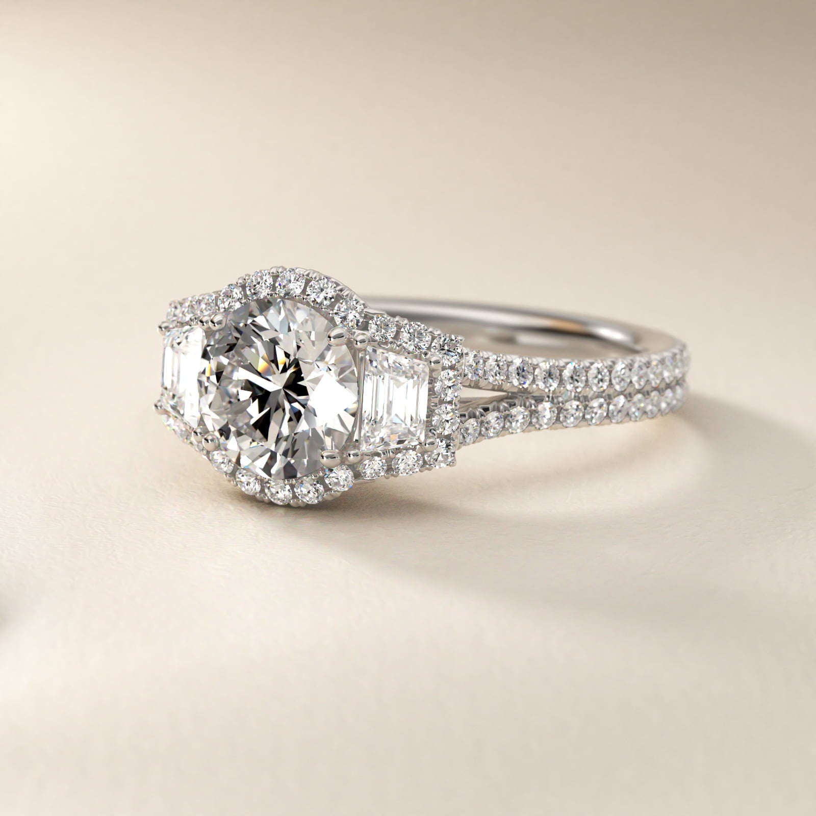 The Gallery Collection™ Emerald Three Stone Halo Diamond Engagement Ring in 18k White Gold (1.50 ct. tw.) - Round Center