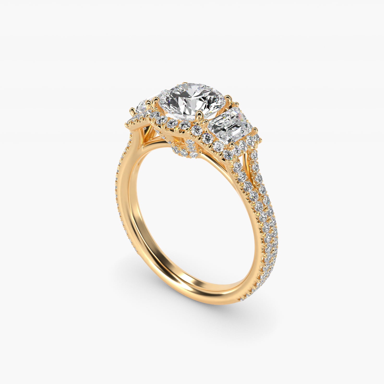 The Gallery Collection™ Vintage Three Stone Trapezoid Diamond Engagement Ring 14k Yellow Gold - Round Center