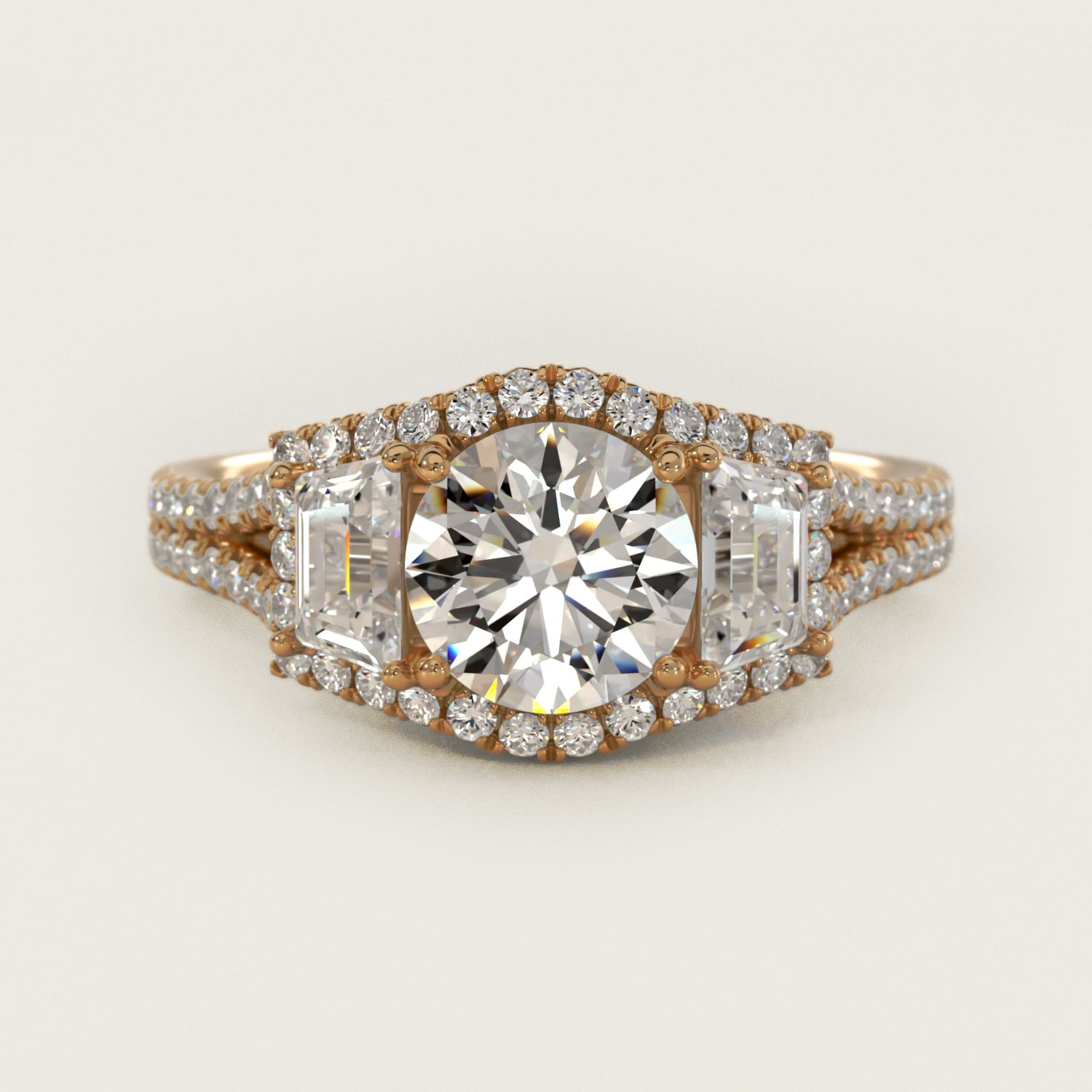 The Gallery Collection™ Vintage Three Stone Trapezoid Diamond Engagement Ring 18k Yellow Gold - Round Center