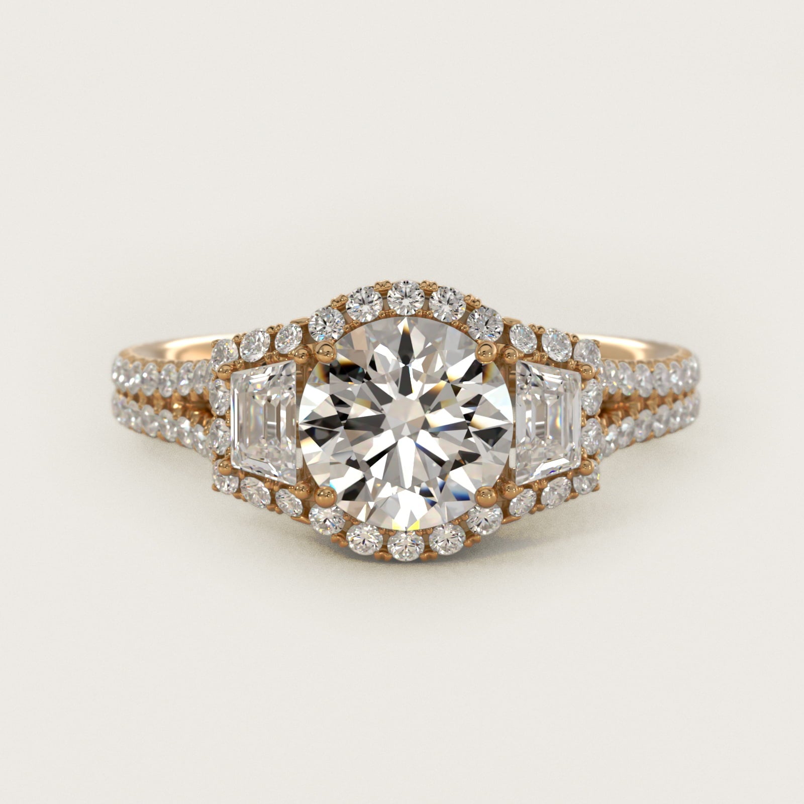 The Gallery Collection™ Emerald Three Stone Halo Diamond Engagement Ring in 18k Yellow Gold (1.50 ct. tw.) - Round Center
