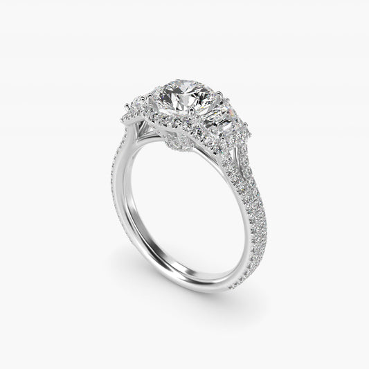 The Gallery Collection™ Vintage Three Stone Trapezoid Diamond Engagement Ring in Platinum - Round Center