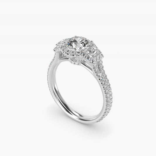 The Gallery Collection™ Emerald Three Stone Halo Diamond Engagement Ring in Platinum - Round Center