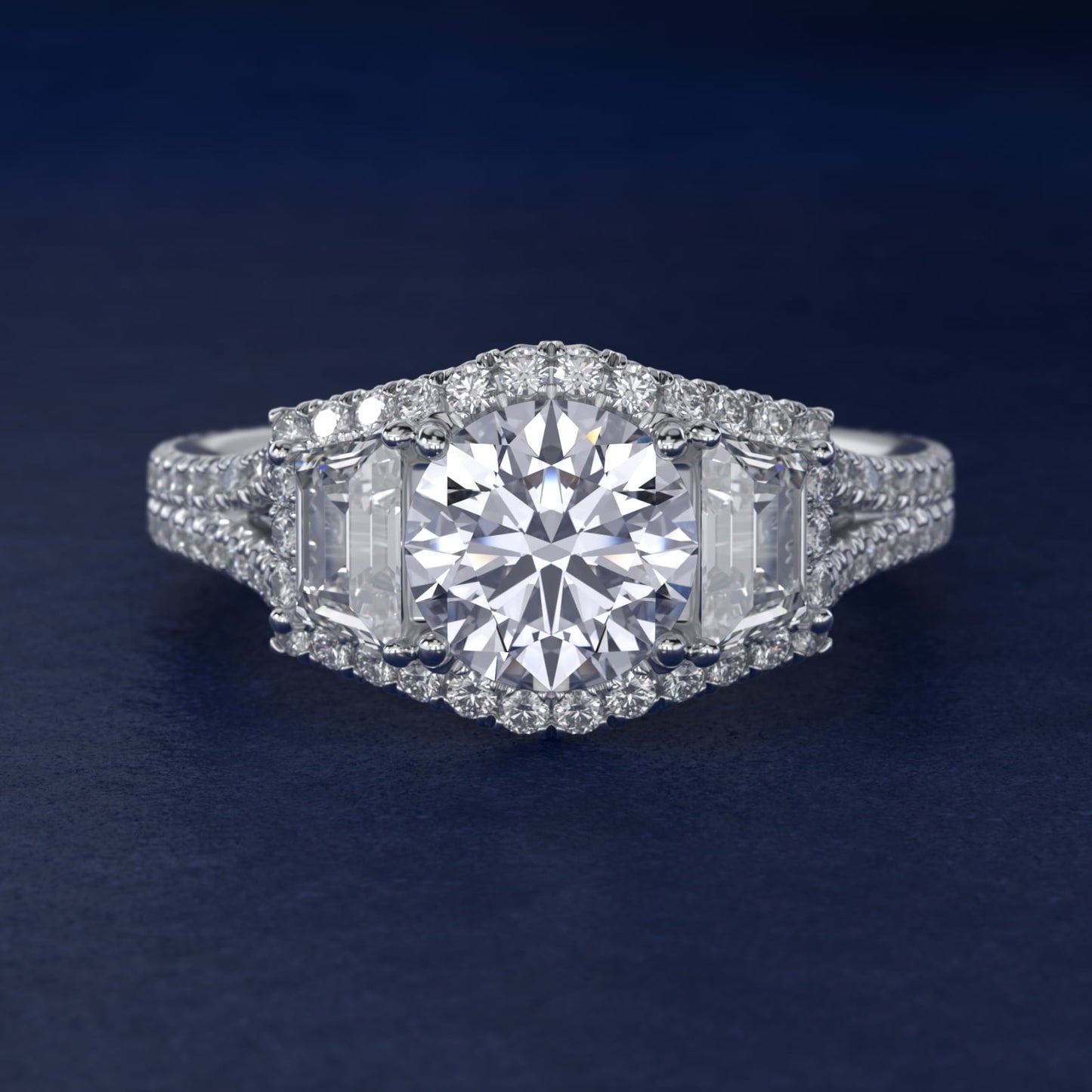 The Gallery Collection™ Vintage Three Stone Trapezoid Diamond Engagement Ring in Platinum - Round Center