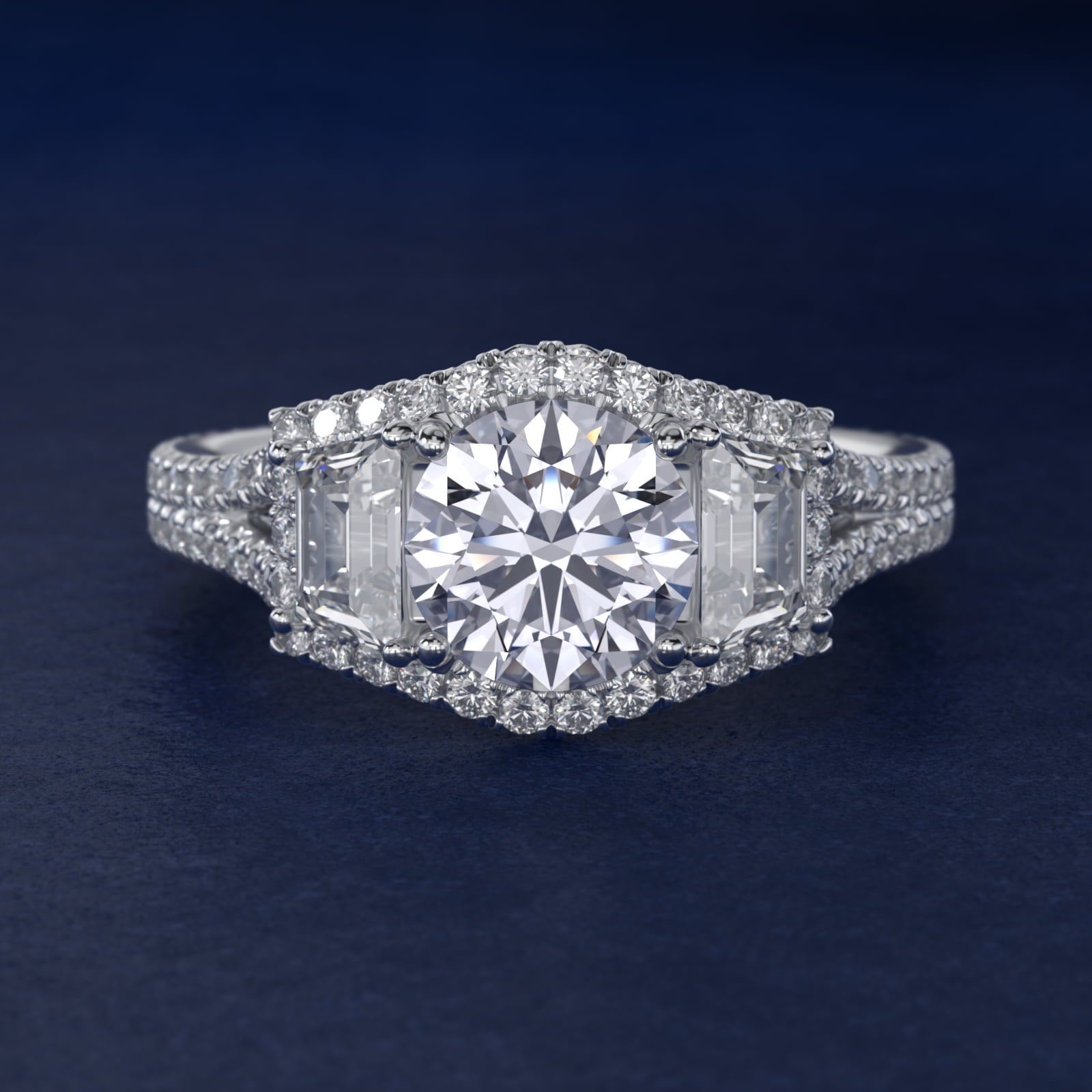 The Gallery Collection™ Vintage Three Stone Trapezoid Diamond Engagement Ring in Platinum - Round Center