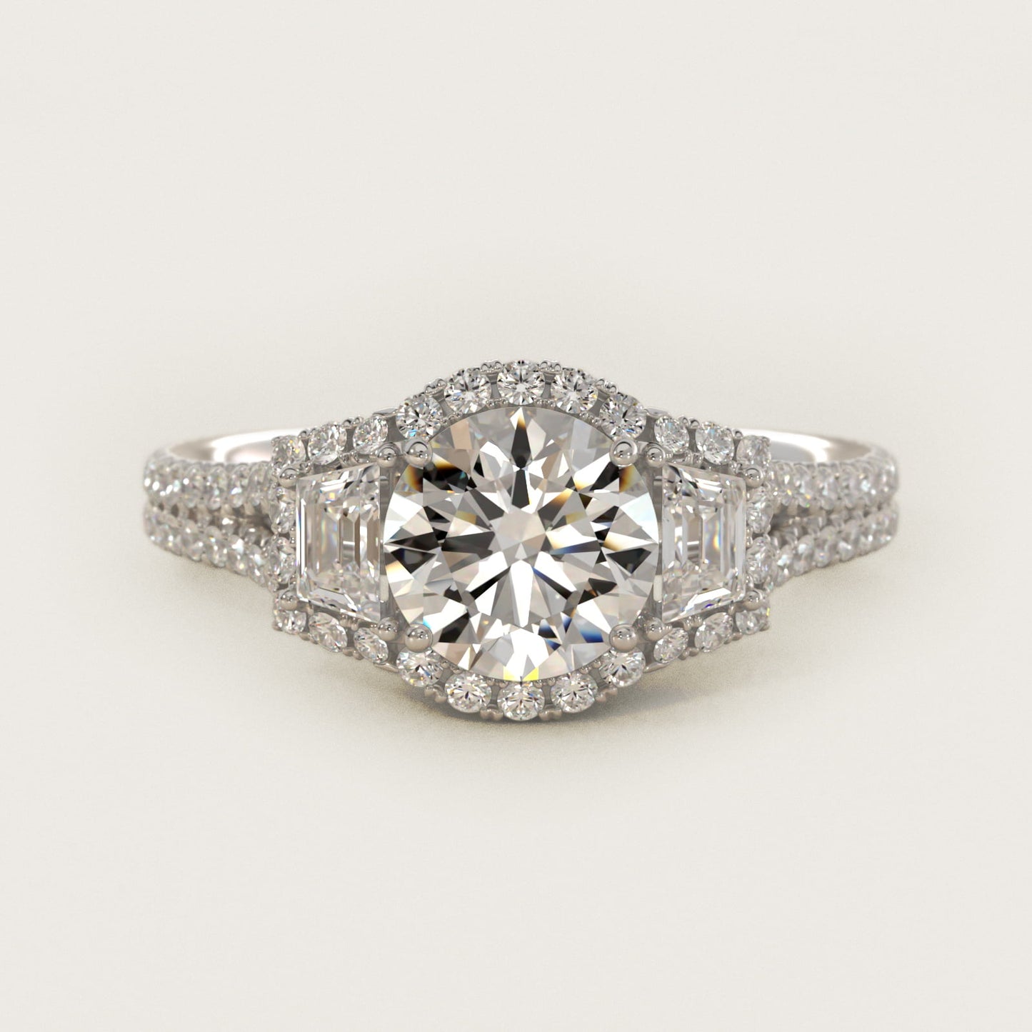 The Gallery Collection™ Emerald Three Stone Halo Diamond Engagement Ring in Platinum - Round Center