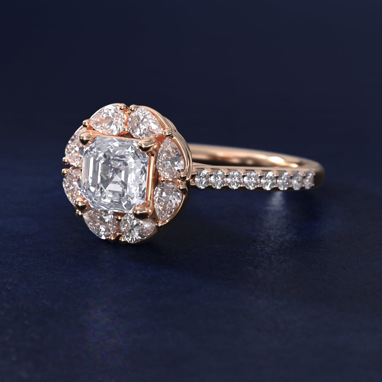 The Ritz Emerald Halo Diamond Engagement Ring in 14k Rose Gold (1/2 ct. tw.) - Asscher Center