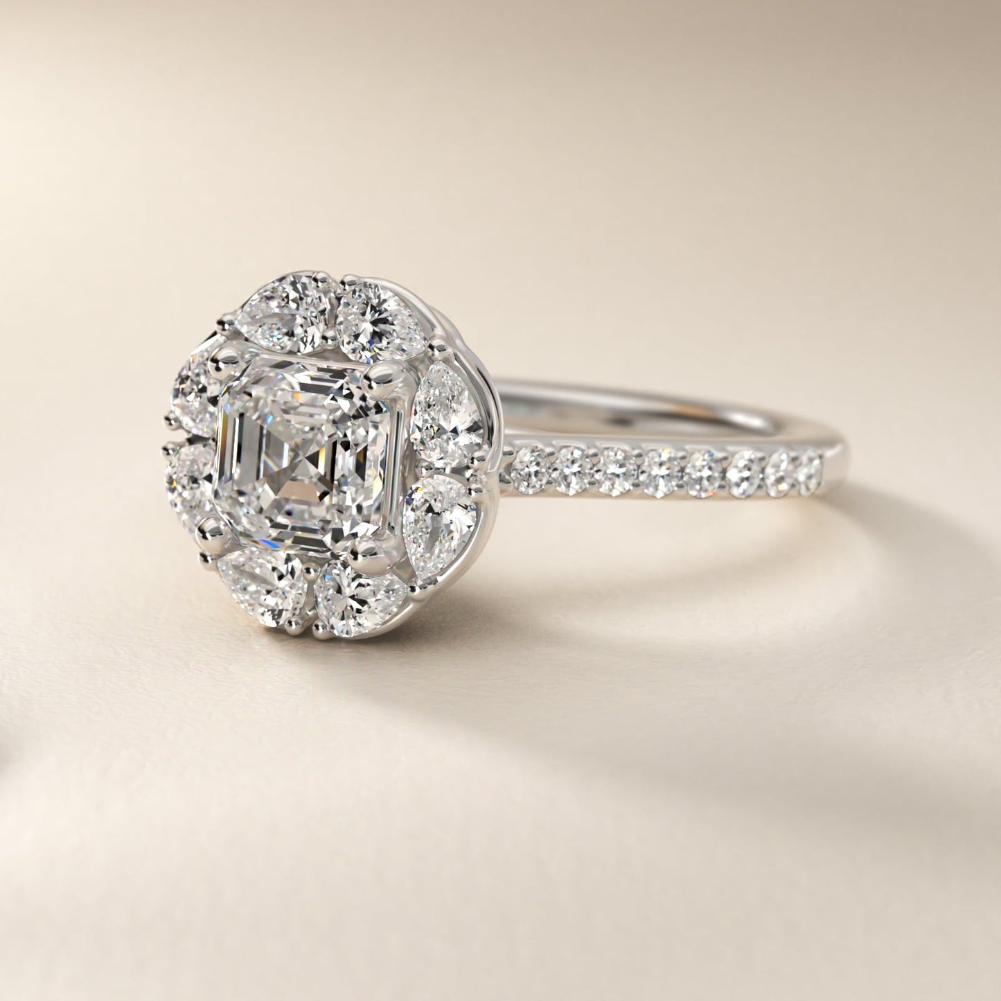 The Ritz Emerald Halo Diamond Engagement Ring in Platinum (1/2 ct. tw.) - Asscher Center