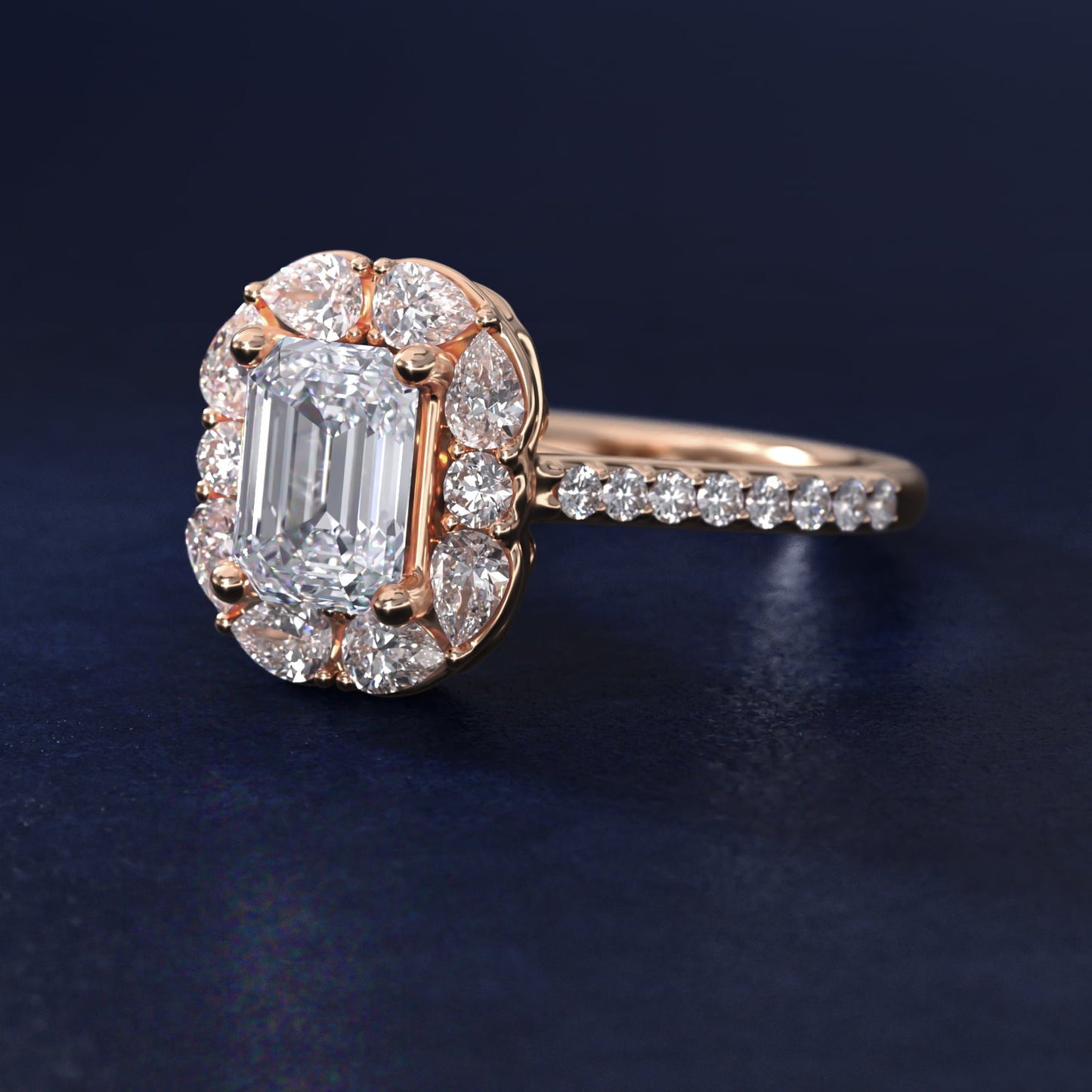 The Ritz Emerald Halo Diamond Engagement Ring in 18k Rose Gold (1/2 ct. tw.) - Emerald Center