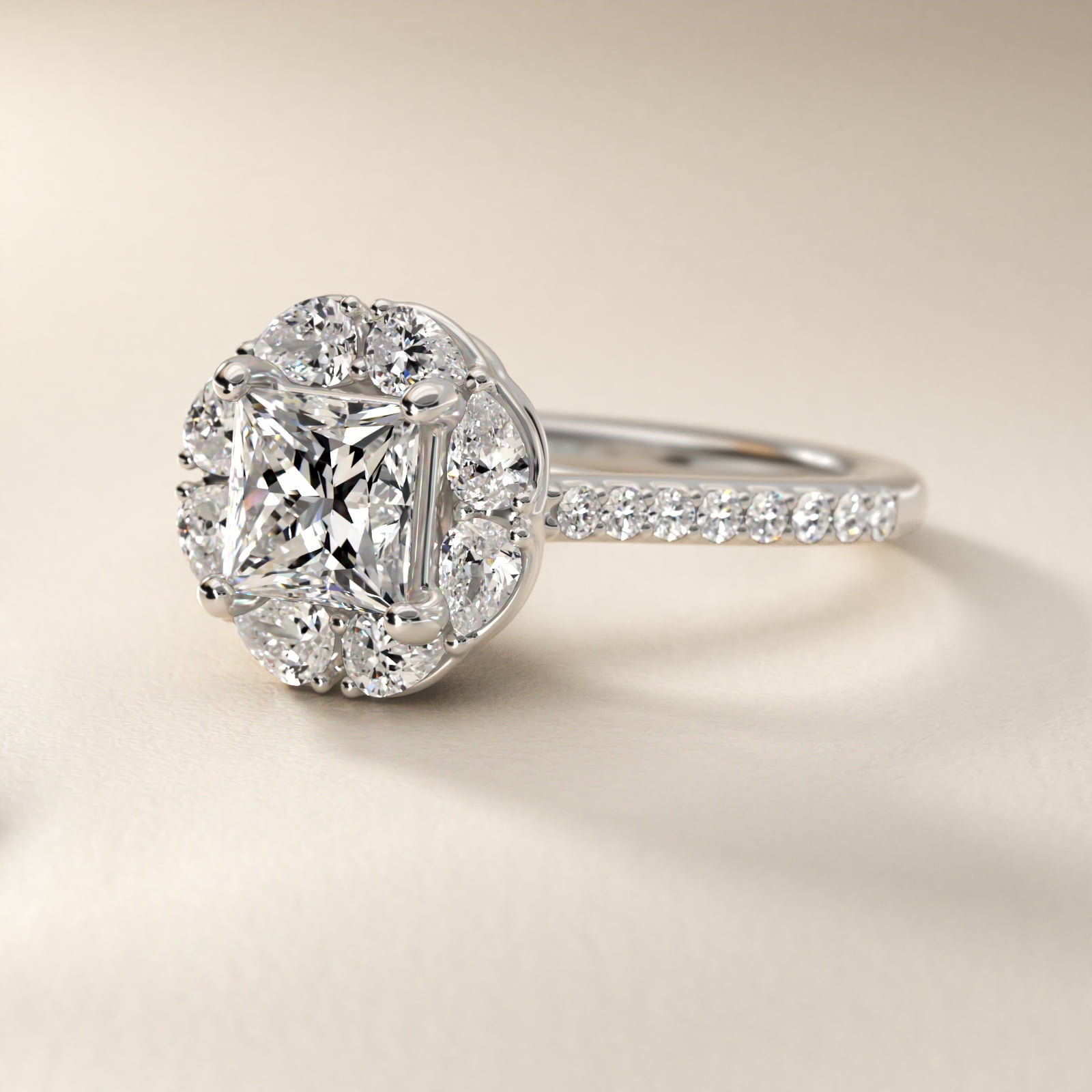 The Ritz Emerald Halo Diamond Engagement Ring in Platinum (1/2 ct. tw.) - Princess Center