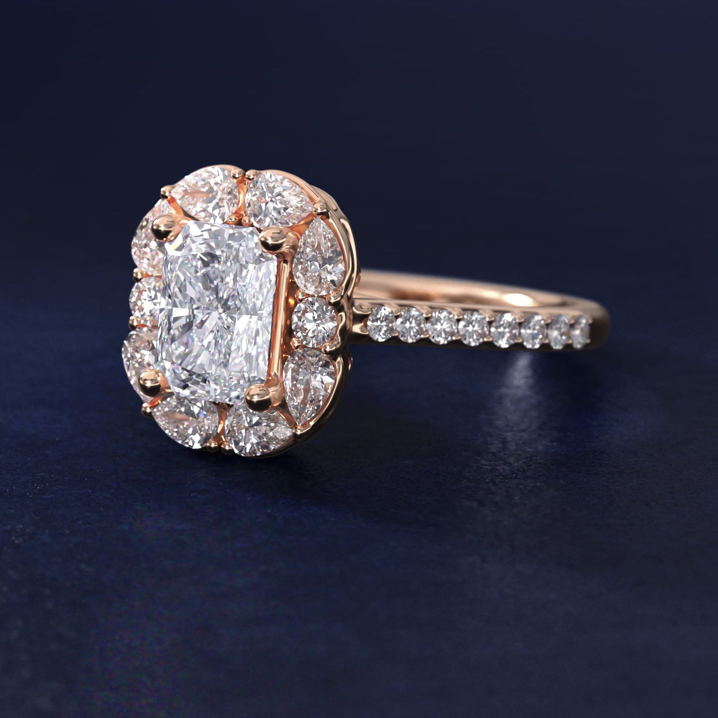 The Ritz Emerald Halo Diamond Engagement Ring in 14k Rose Gold (1/2 ct. tw.) - Radiant Center