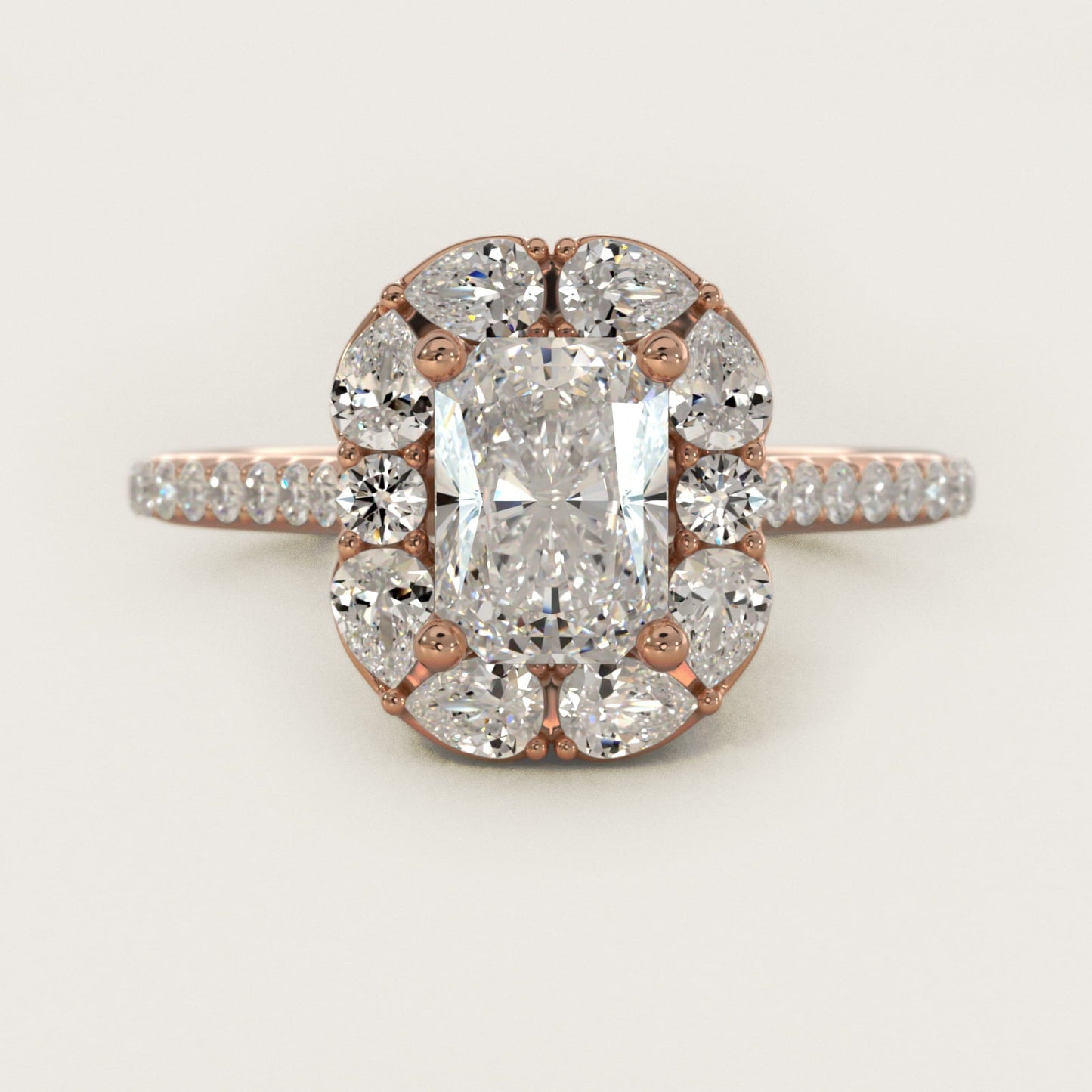 The Ritz Emerald Halo Diamond Engagement Ring in 18k Rose Gold (1/2 ct. tw.) - Radiant Center