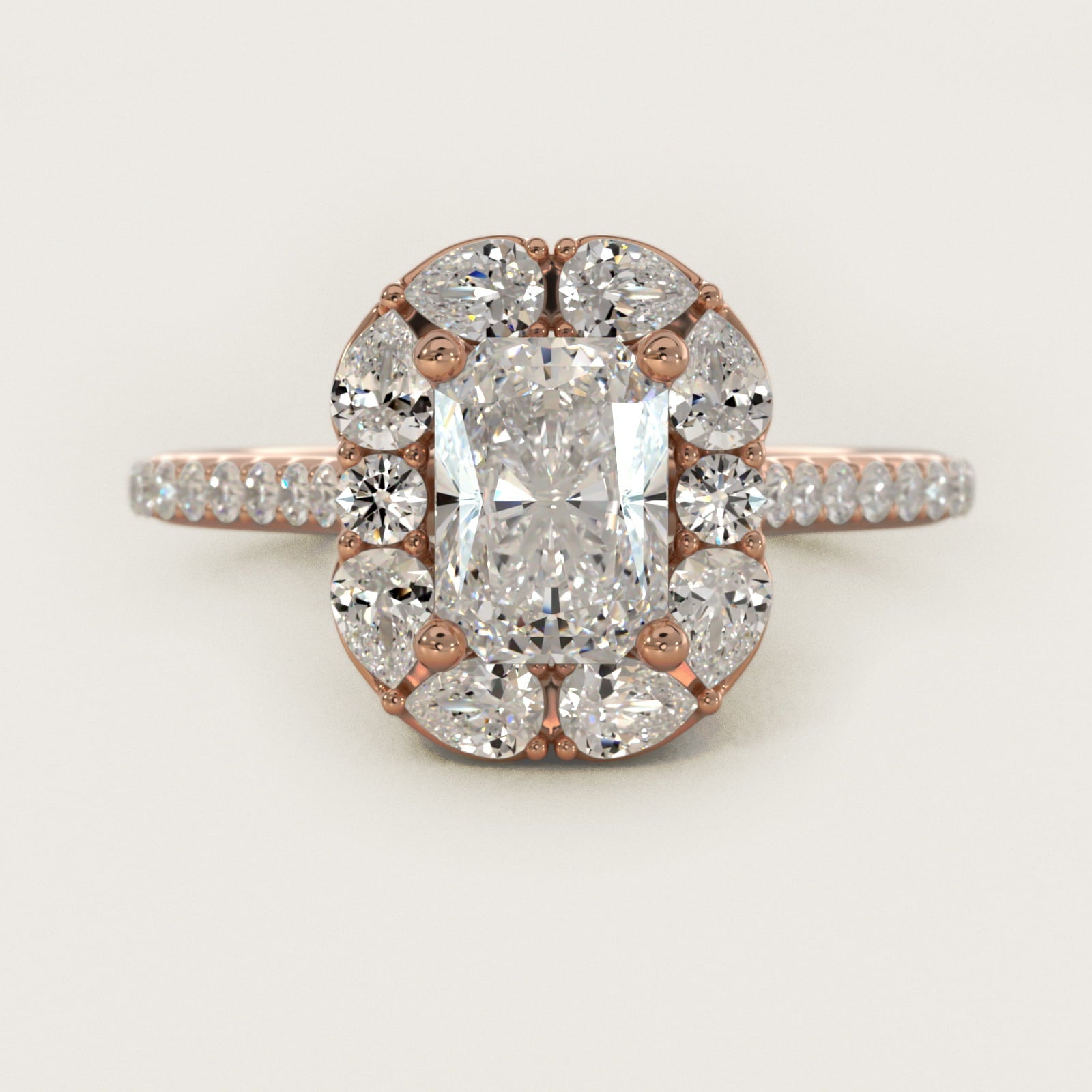 The Ritz Emerald Halo Diamond Engagement Ring in 18k Rose Gold (1/2 ct. tw.) - Radiant Center