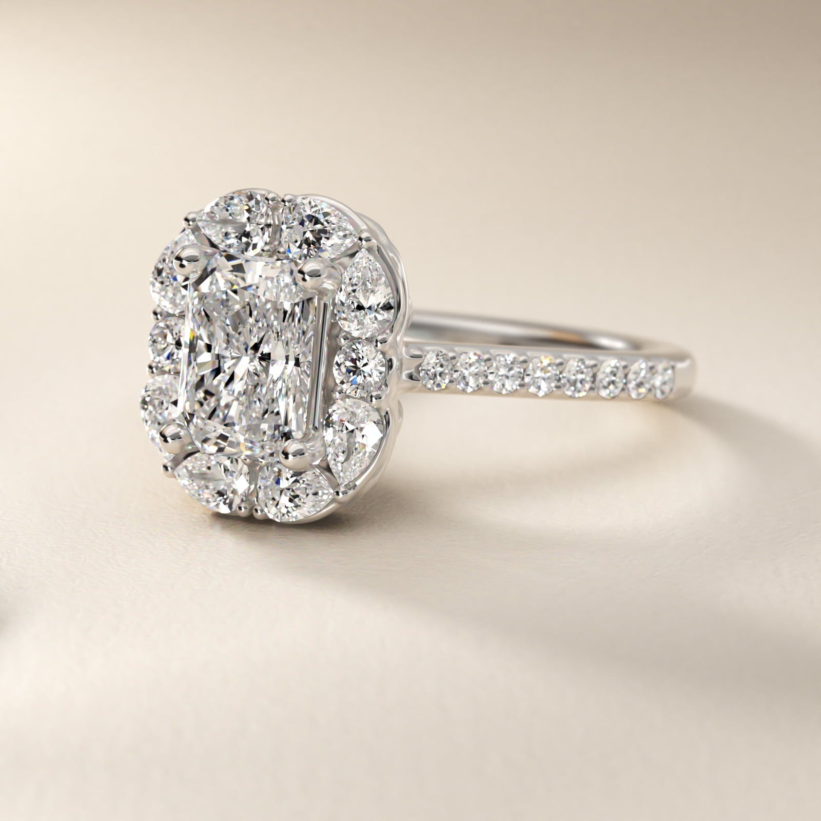 The Ritz Emerald Halo Diamond Engagement Ring in Platinum (1/2 ct. tw.) - Radiant Center