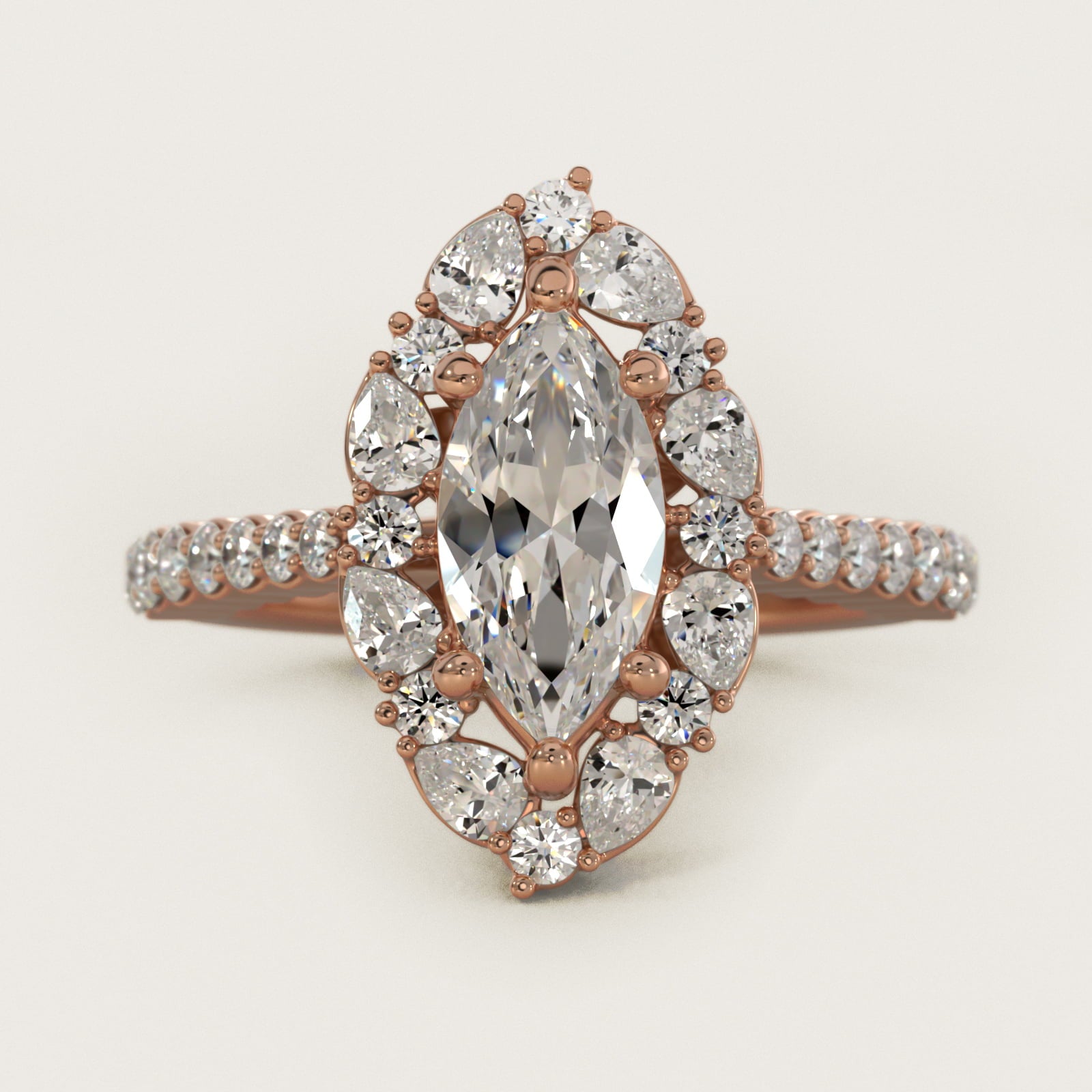 The Ritz Round Halo Diamond Engagement Ring in 18k Rose Gold (3/8 ct. tw.) - Marquise Center