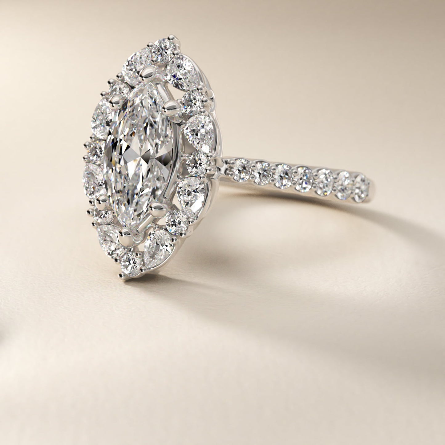 The Ritz Round Halo Diamond Engagement Ring in 18k White Gold (3/8 ct. tw.) - Marquise Center