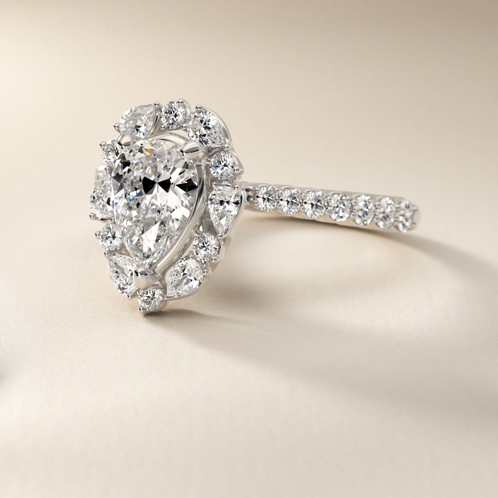 The Ritz Round Halo Diamond Engagement Ring in 18k White Gold (3/8 ct. tw.) - Pear Center