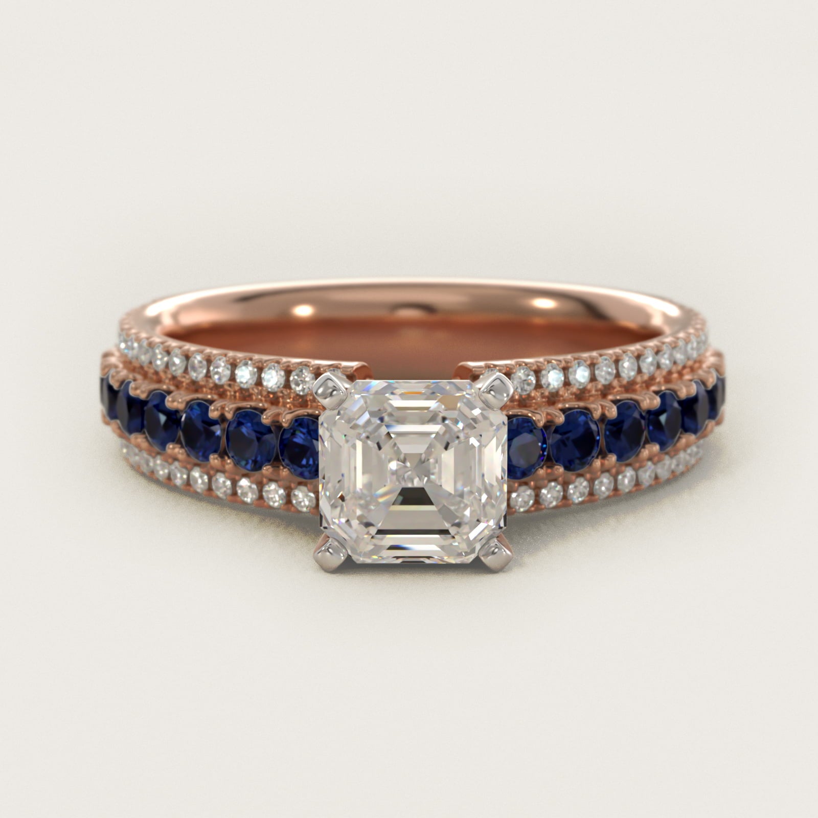 Three Row Sapphire and Diamond Engagement Ring in 18k Rose Gold (1/4 ct. tw.) - Asscher Center