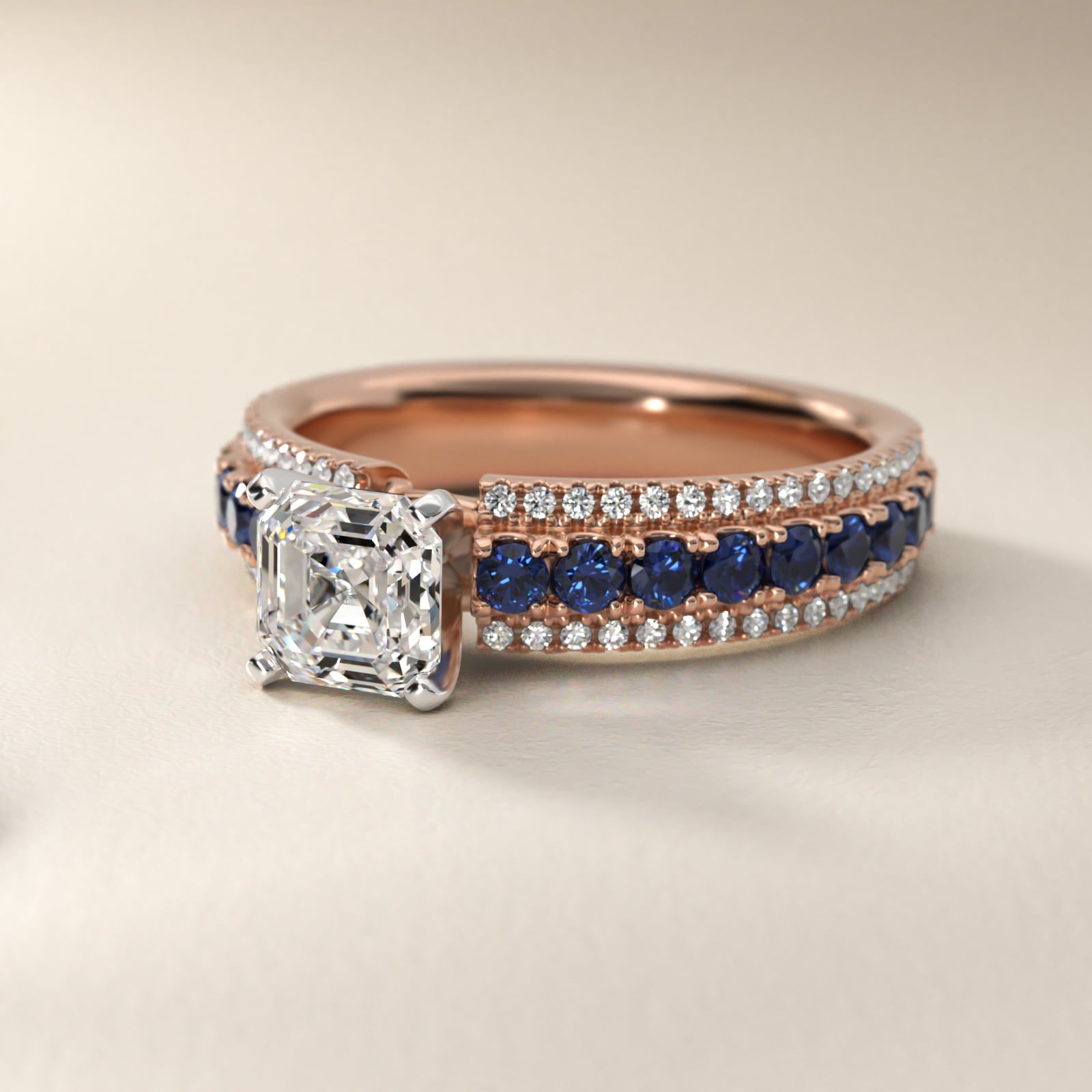 Three Row Sapphire and Diamond Engagement Ring in 14k Rose Gold (1/4 ct. tw.) - Asscher Center