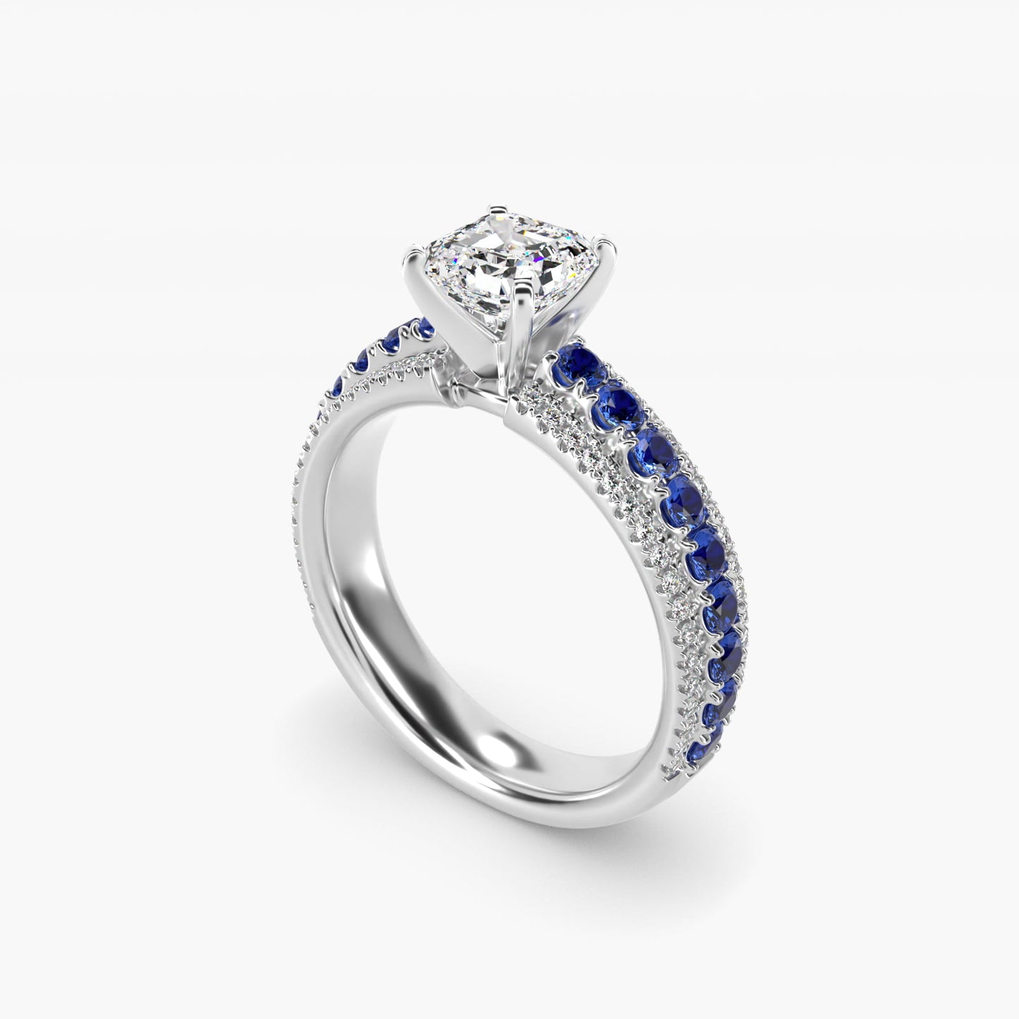 Three Row Sapphire and Diamond Engagement Ring in 18k White Gold (1/4 ct. tw.) - Asscher Center