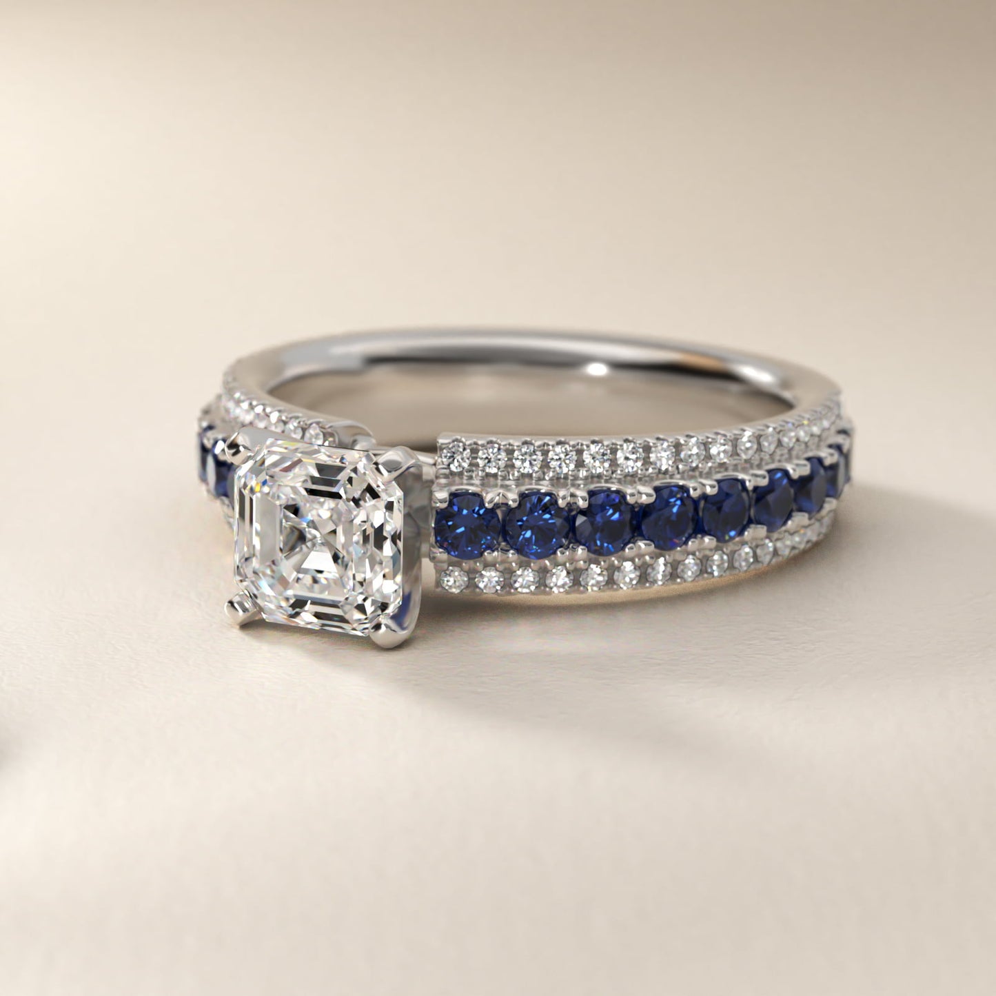 Three Row Sapphire and Diamond Engagement Ring in 18k White Gold (1/4 ct. tw.) - Asscher Center