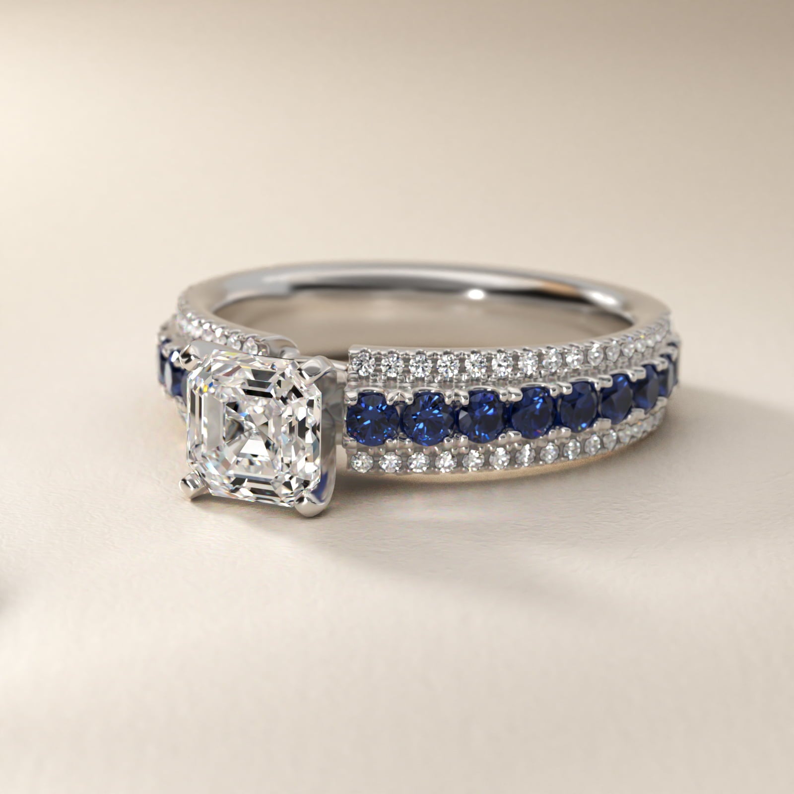 Three Row Sapphire and Diamond Engagement Ring in 18k White Gold (1/4 ct. tw.) - Asscher Center
