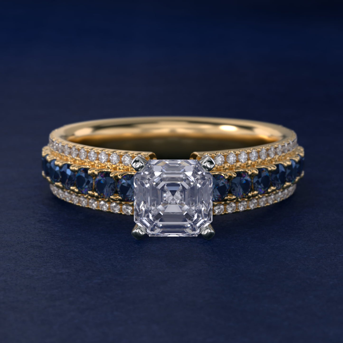 Three Row Sapphire and Diamond Engagement Ring in 14K Yellow Gold (1/4 ct. tw.) - Asscher Center