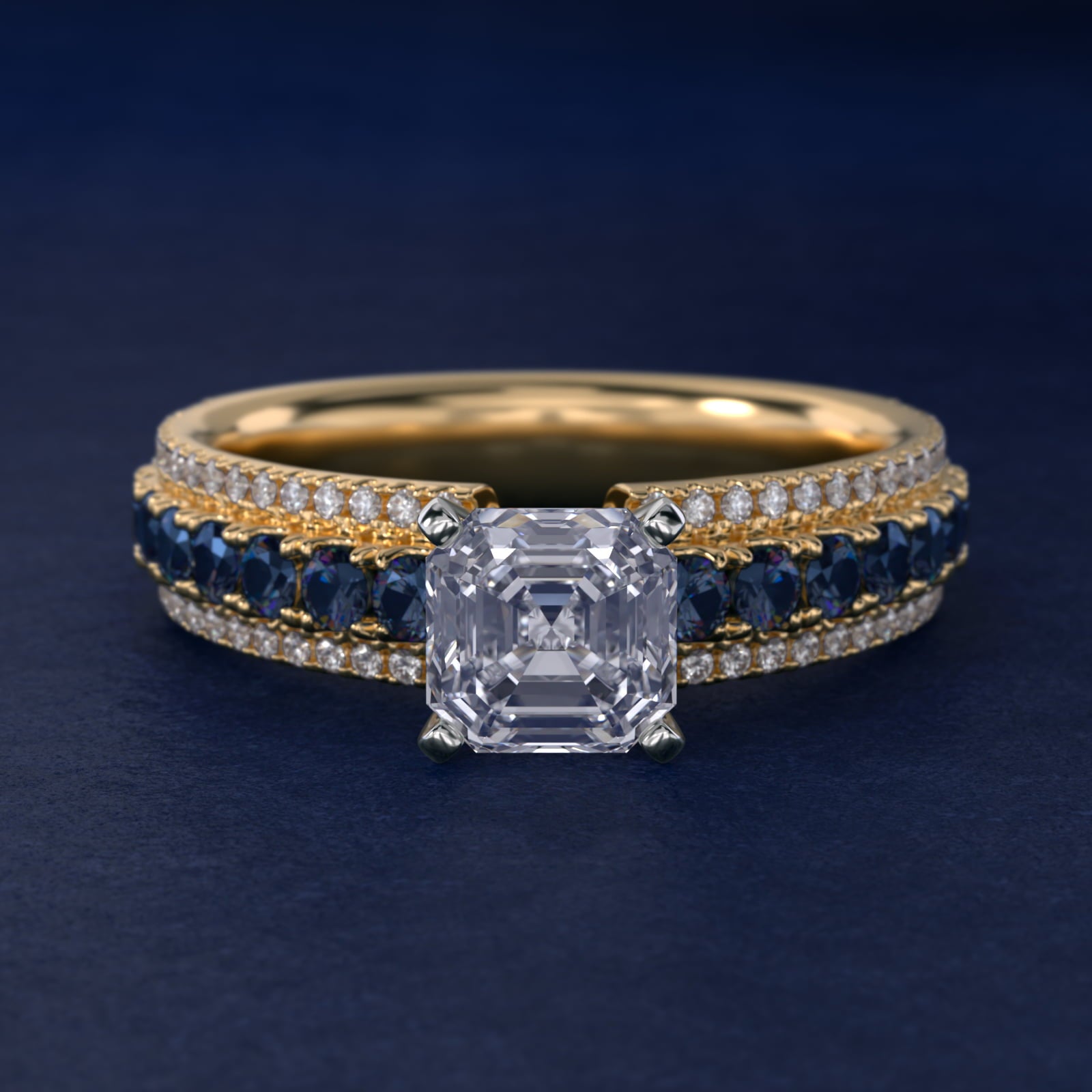 Three Row Sapphire and Diamond Engagement Ring in 18k Yellow Gold (1/4 ct. tw.) - Asscher Center