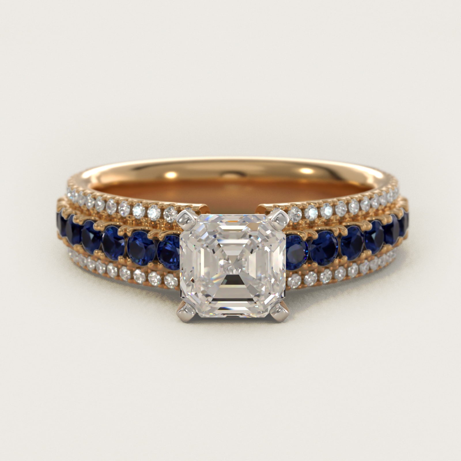 Three Row Sapphire and Diamond Engagement Ring in 14K Yellow Gold (1/4 ct. tw.) - Asscher Center