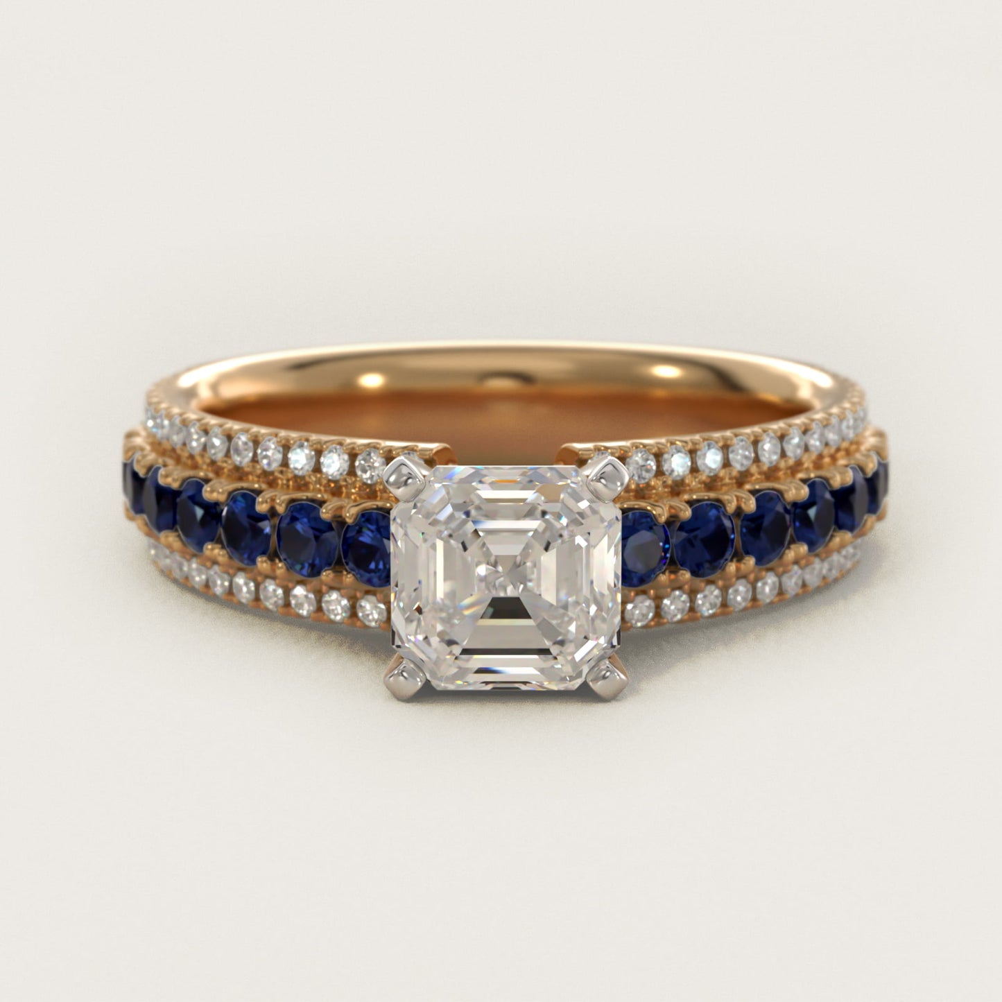 Three Row Sapphire and Diamond Engagement Ring in 18k Yellow Gold (1/4 ct. tw.) - Asscher Center