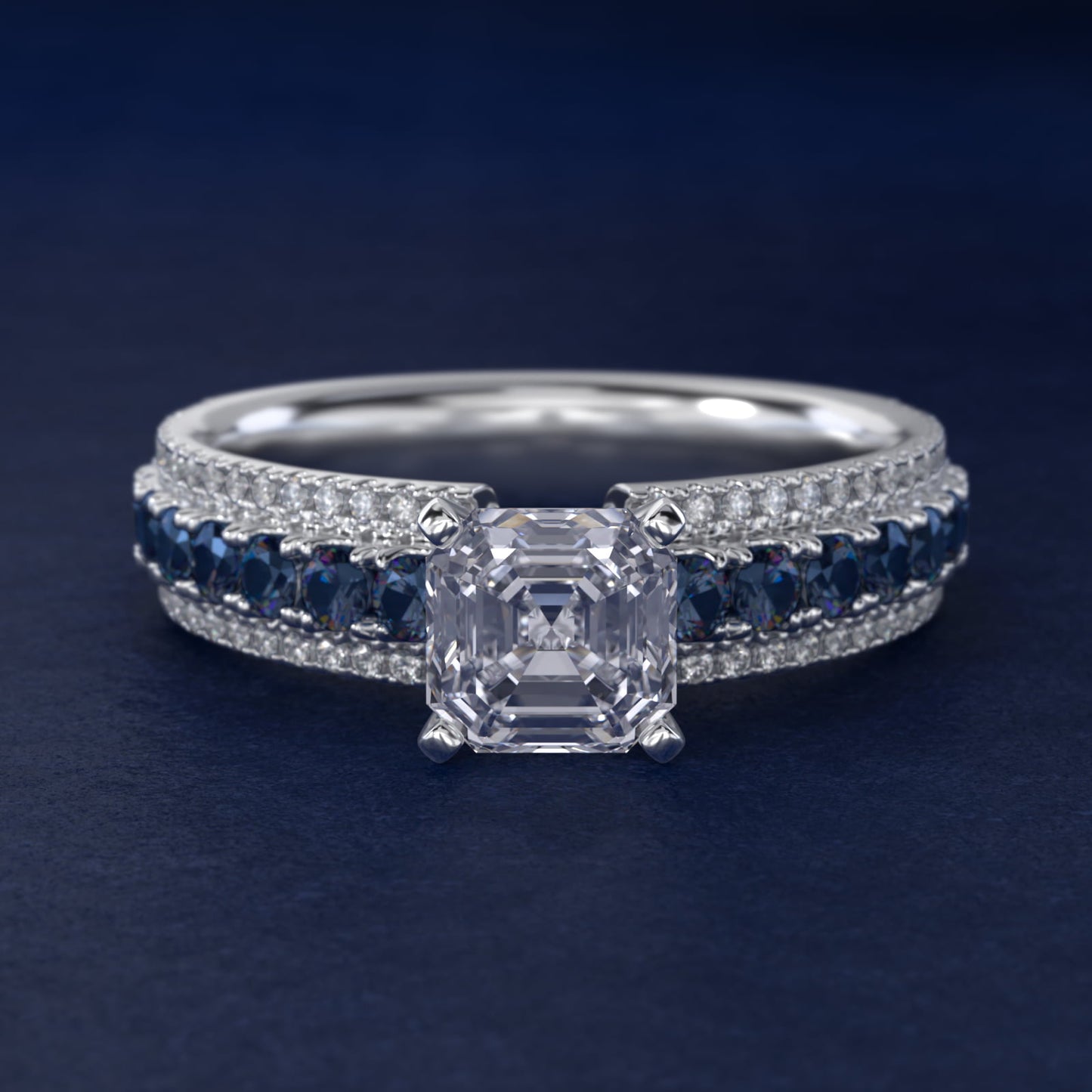 Three Row Sapphire and Diamond Engagement Ring in Platinum (1/4 ct. tw.) - Asscher Center