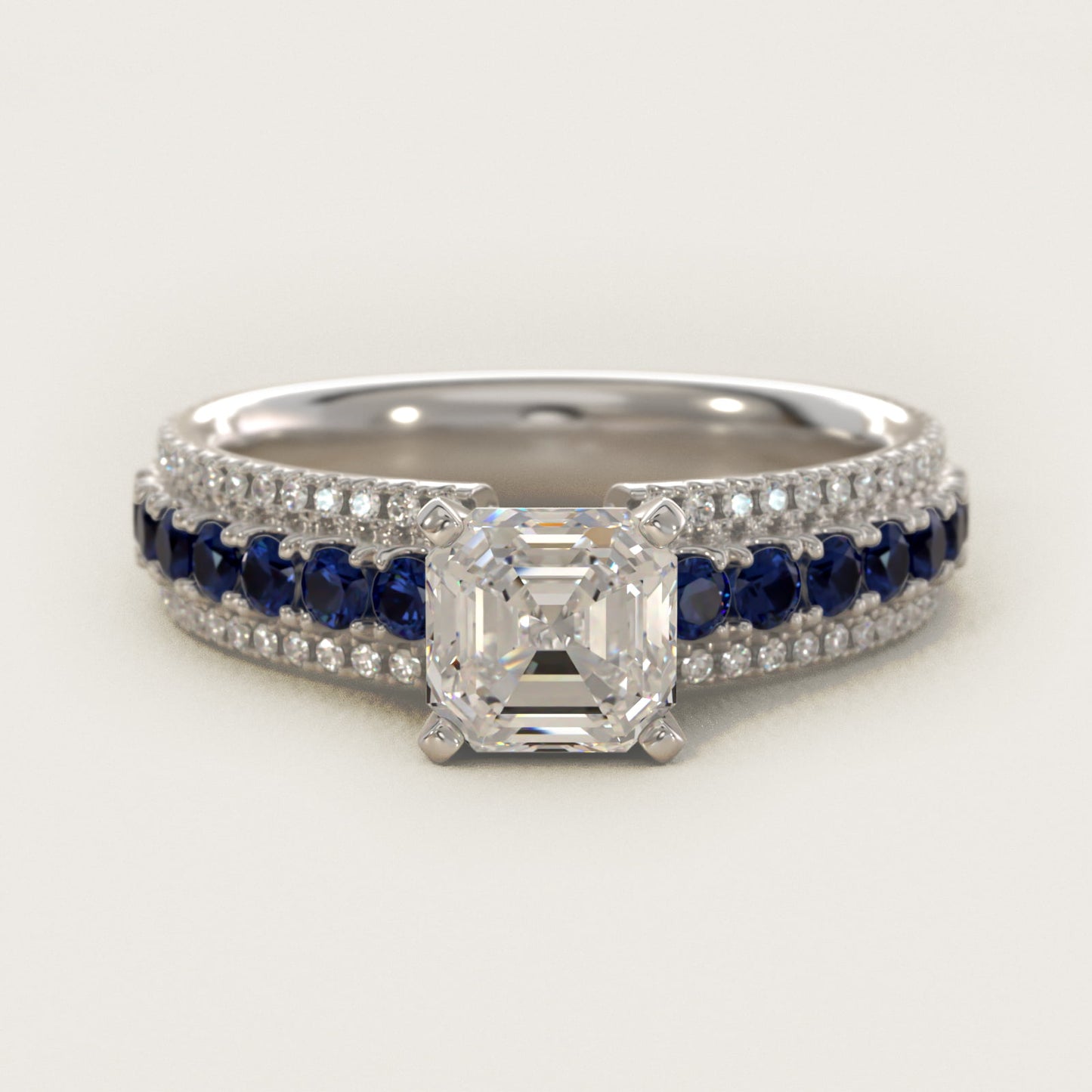 Three Row Sapphire and Diamond Engagement Ring in Platinum (1/4 ct. tw.) - Asscher Center