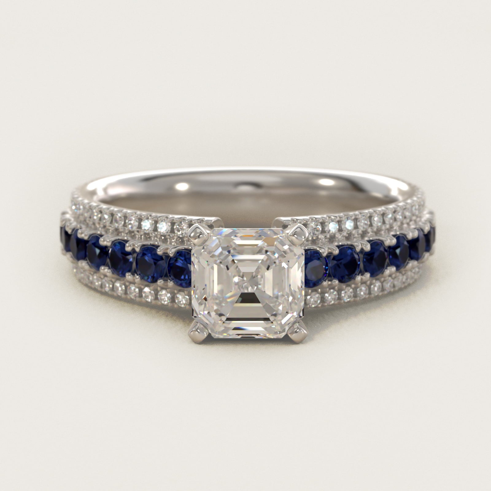 Three Row Sapphire and Diamond Engagement Ring in Platinum (1/4 ct. tw.) - Asscher Center