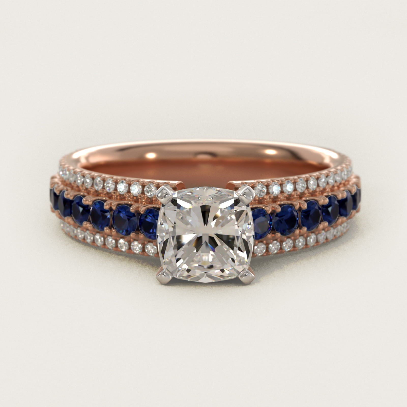 Three Row Sapphire and Diamond Engagement Ring in 18k Rose Gold (1/4 ct. tw.) - Cushion Center