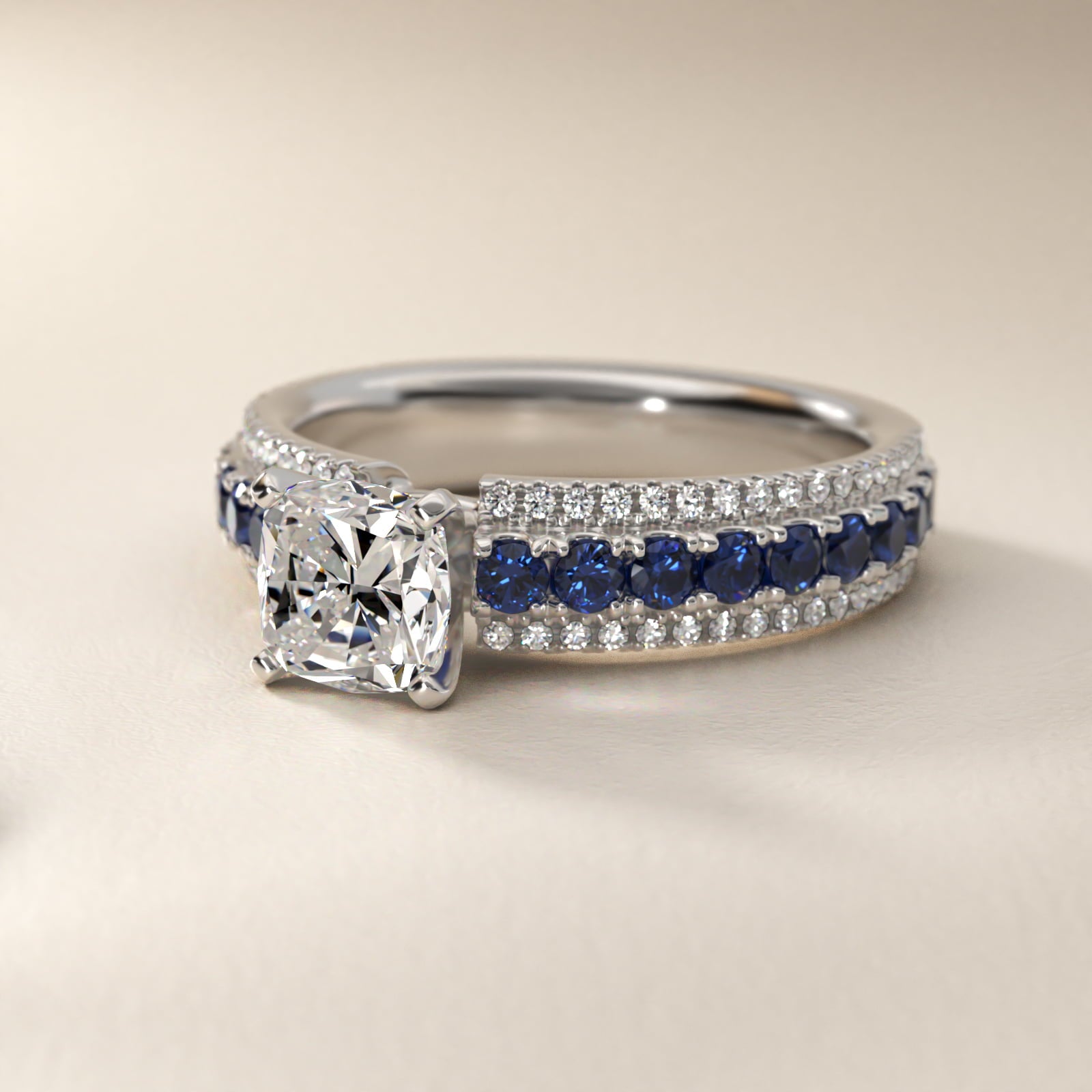 Three Row Sapphire and Diamond Engagement Ring in 18k White Gold (1/4 ct. tw.) - Cushion Center